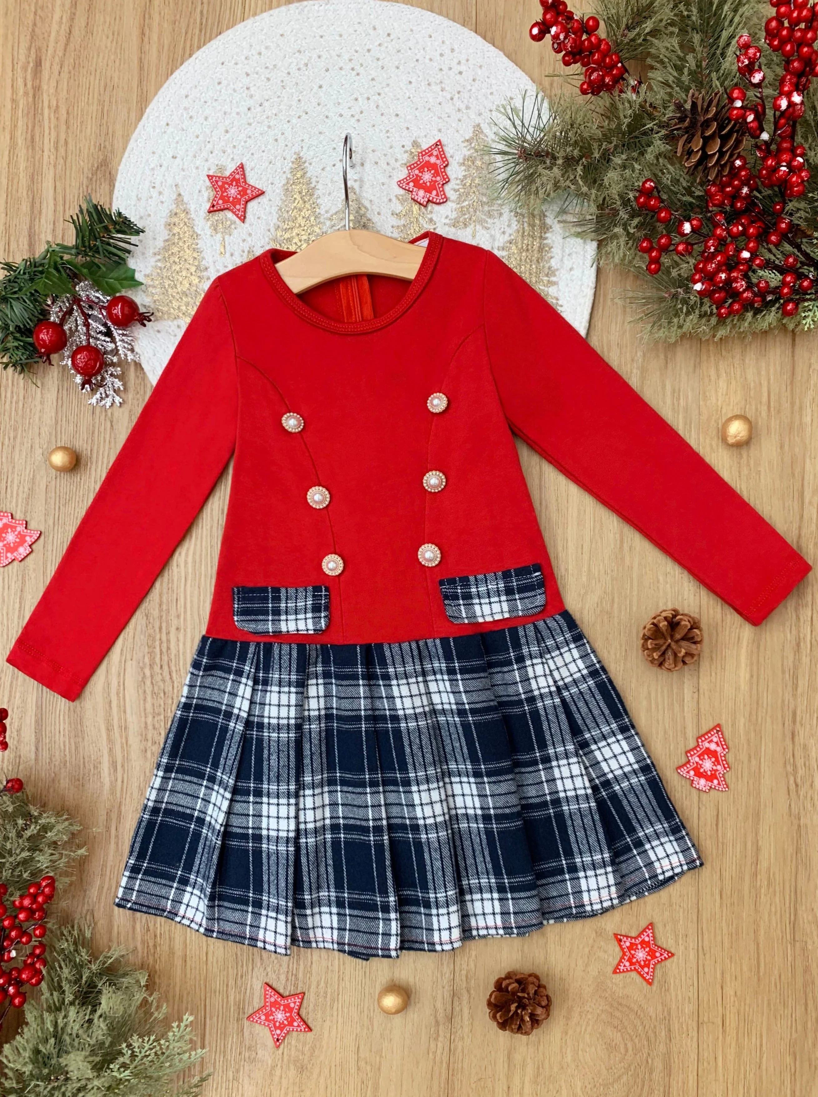 Festive Flair Long Sleeve Plaid Pleated Dress - Image 4