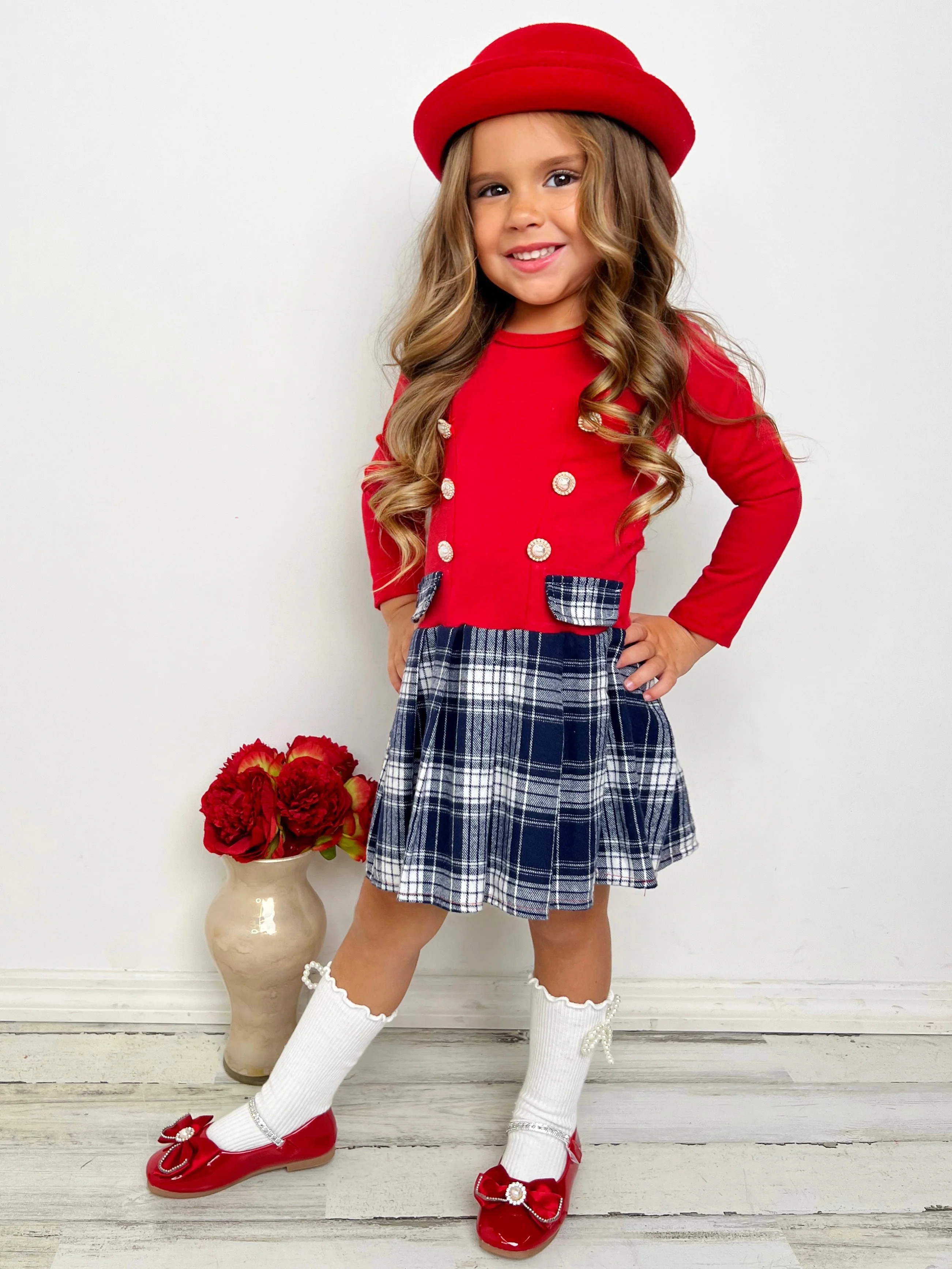 Festive Flair Long Sleeve Plaid Pleated Dress - Image 5