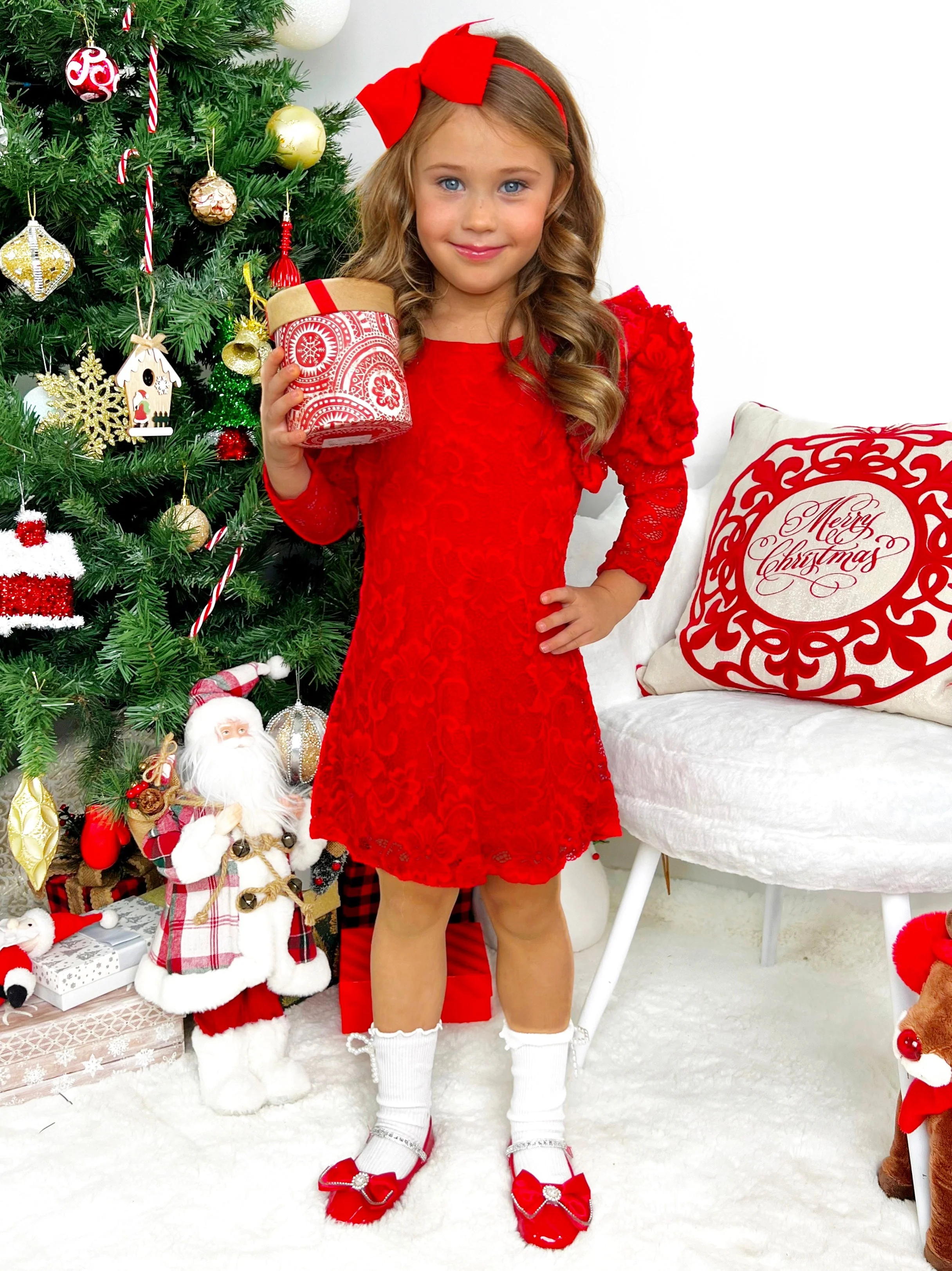 Ruby Princess Rosette Sleeve Red Lace Dress - Image 2