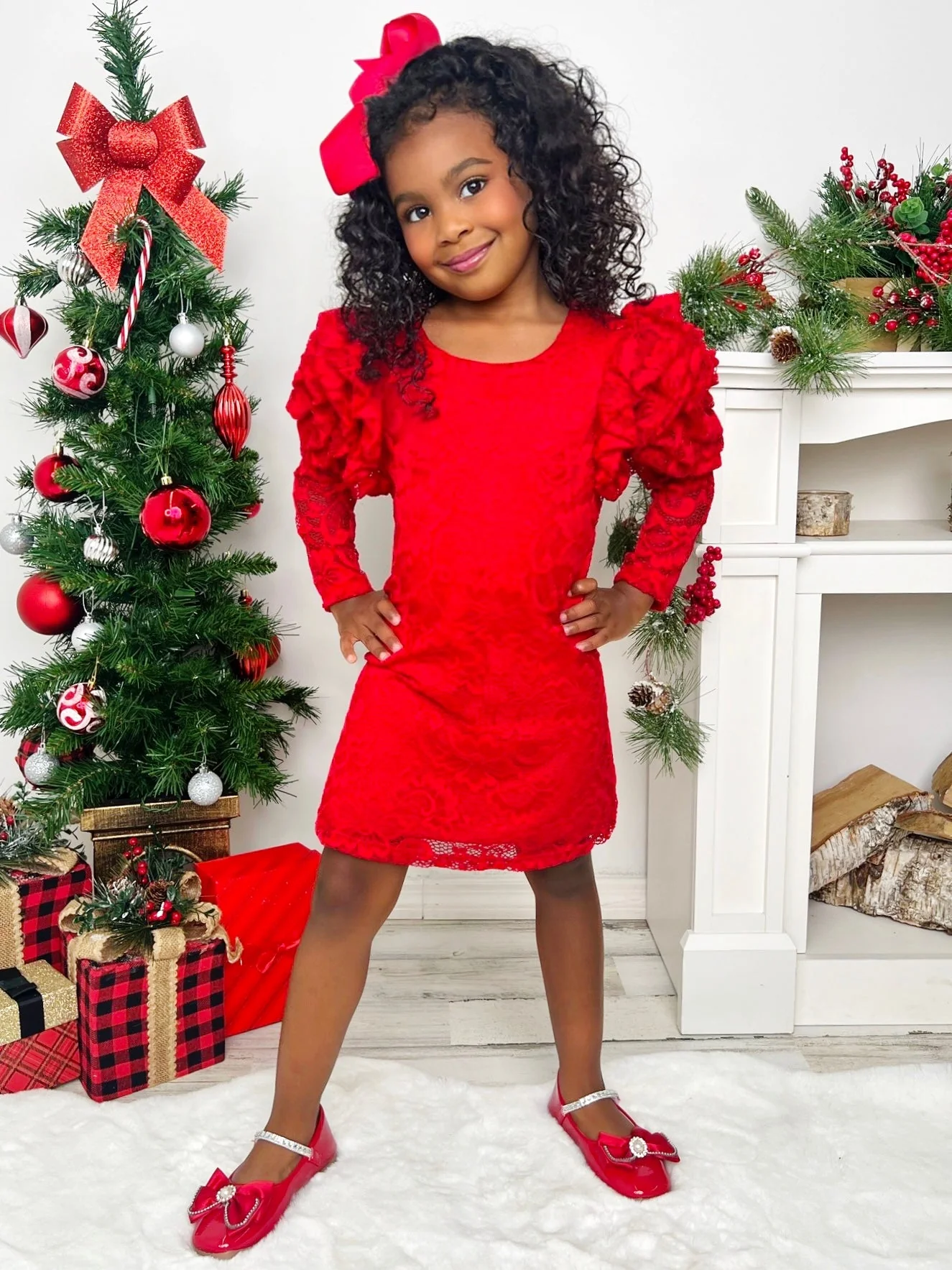 Ruby Princess Rosette Sleeve Red Lace Dress - Image 3