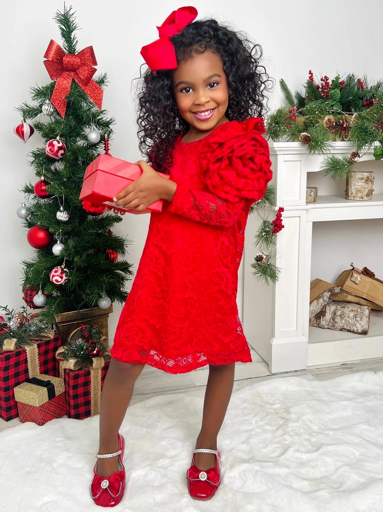 Ruby Princess Rosette Sleeve Red Lace Dress - Image 4