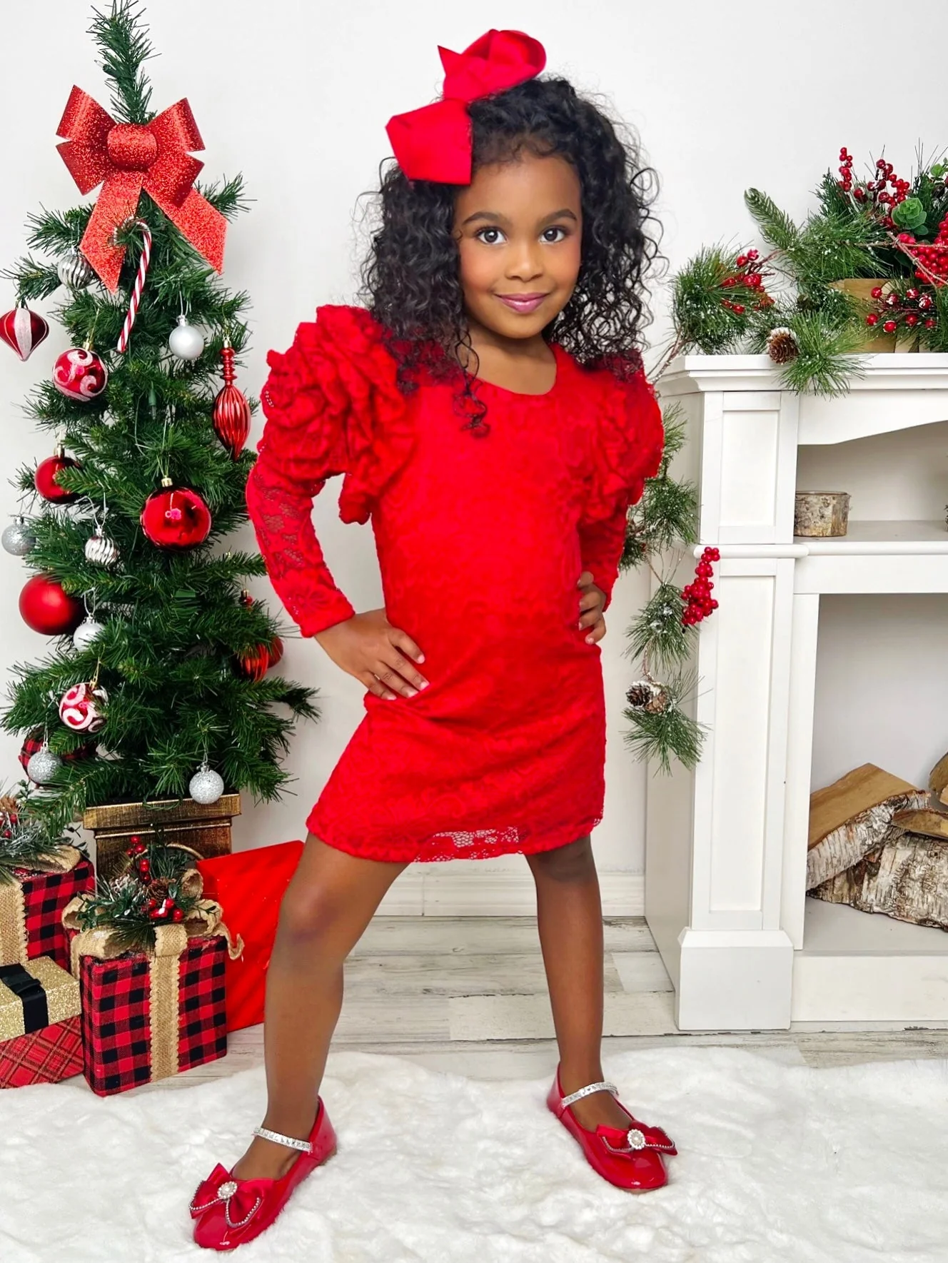 Ruby Princess Rosette Sleeve Red Lace Dress - Image 5