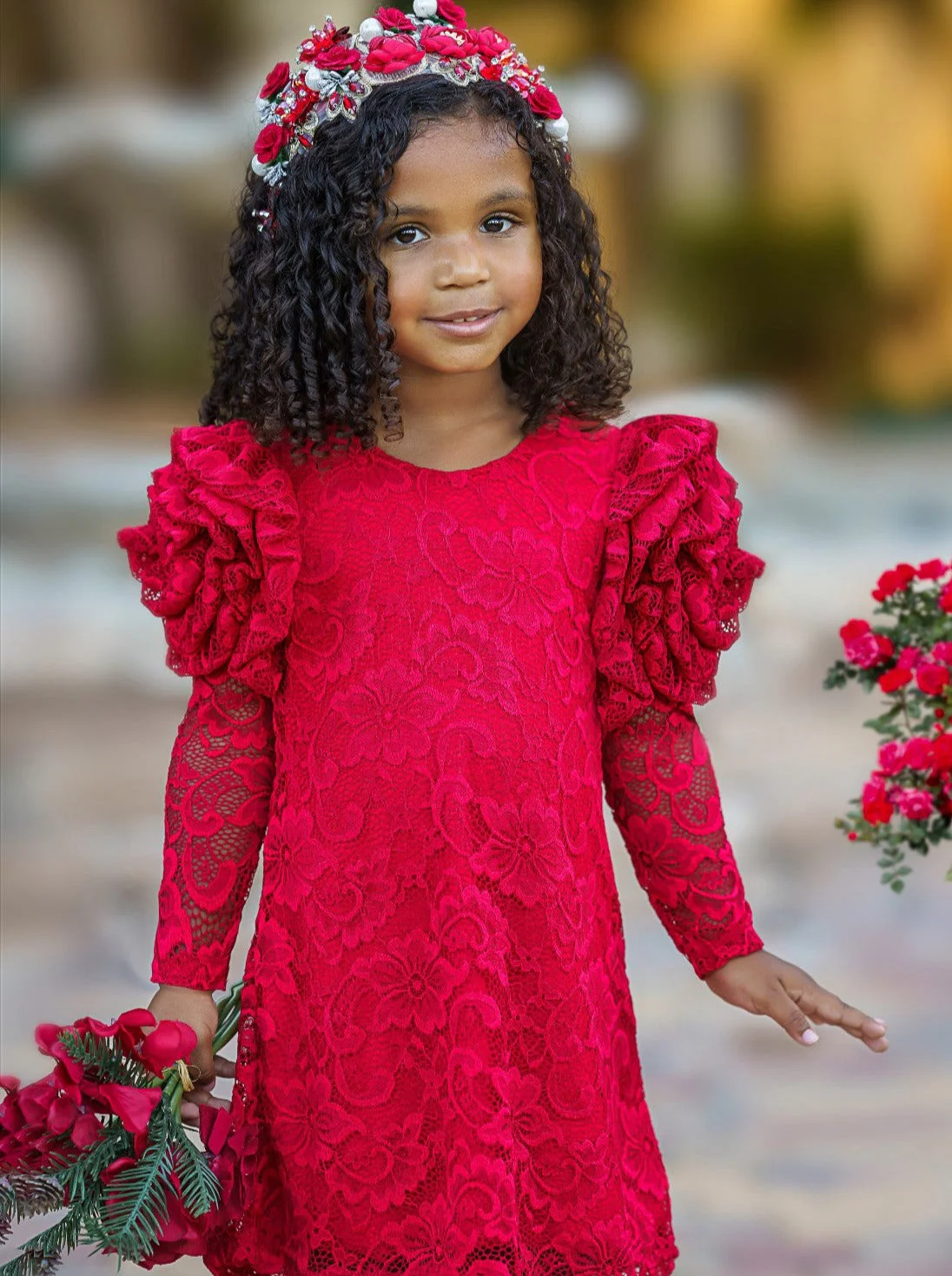 Ruby Princess Rosette Sleeve Red Lace Dress - Image 8