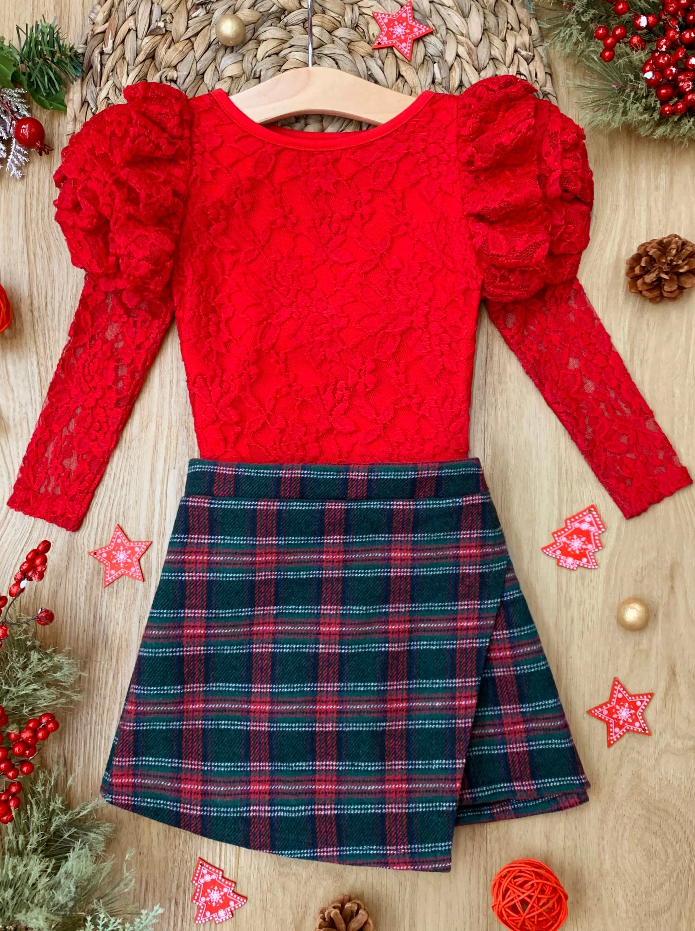 Rosy Daydream Rosette Sleeve Lace Top and Plaid Skort Set - Image 3