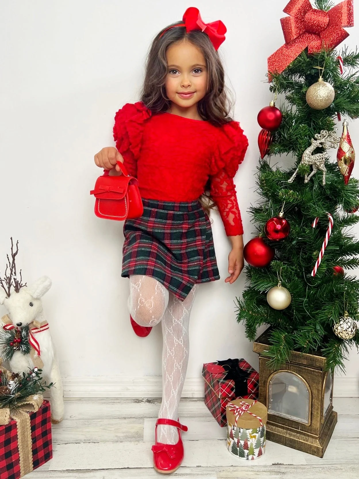 Rosy Daydream Rosette Sleeve Lace Top and Plaid Skort Set - Image 4