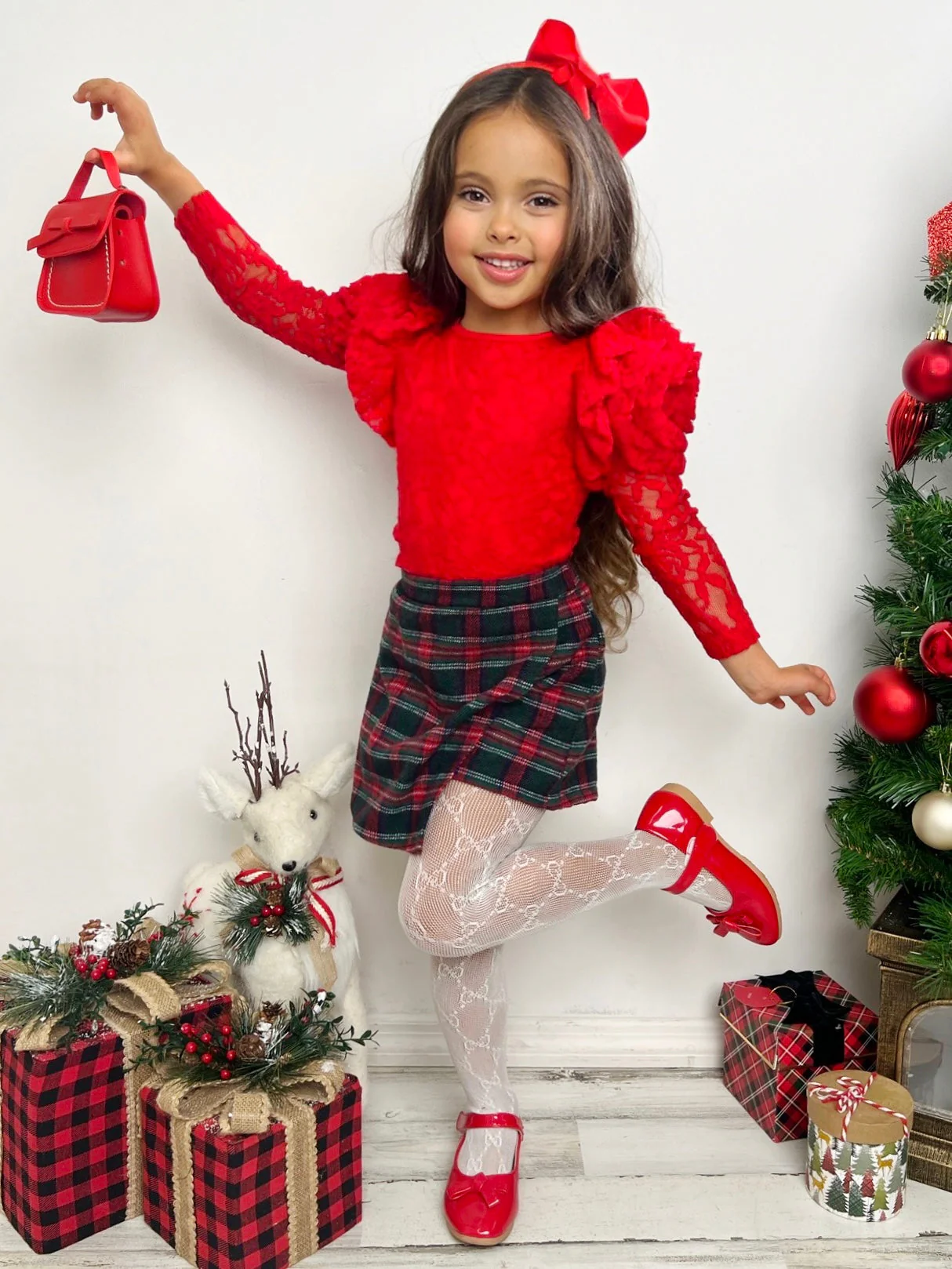 Rosy Daydream Rosette Sleeve Lace Top and Plaid Skort Set - Image 5