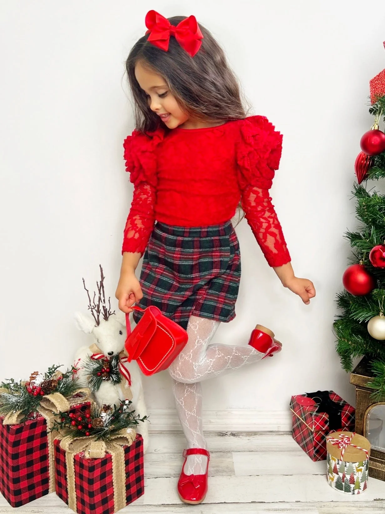 Rosy Daydream Rosette Sleeve Lace Top and Plaid Skort Set - Image 6