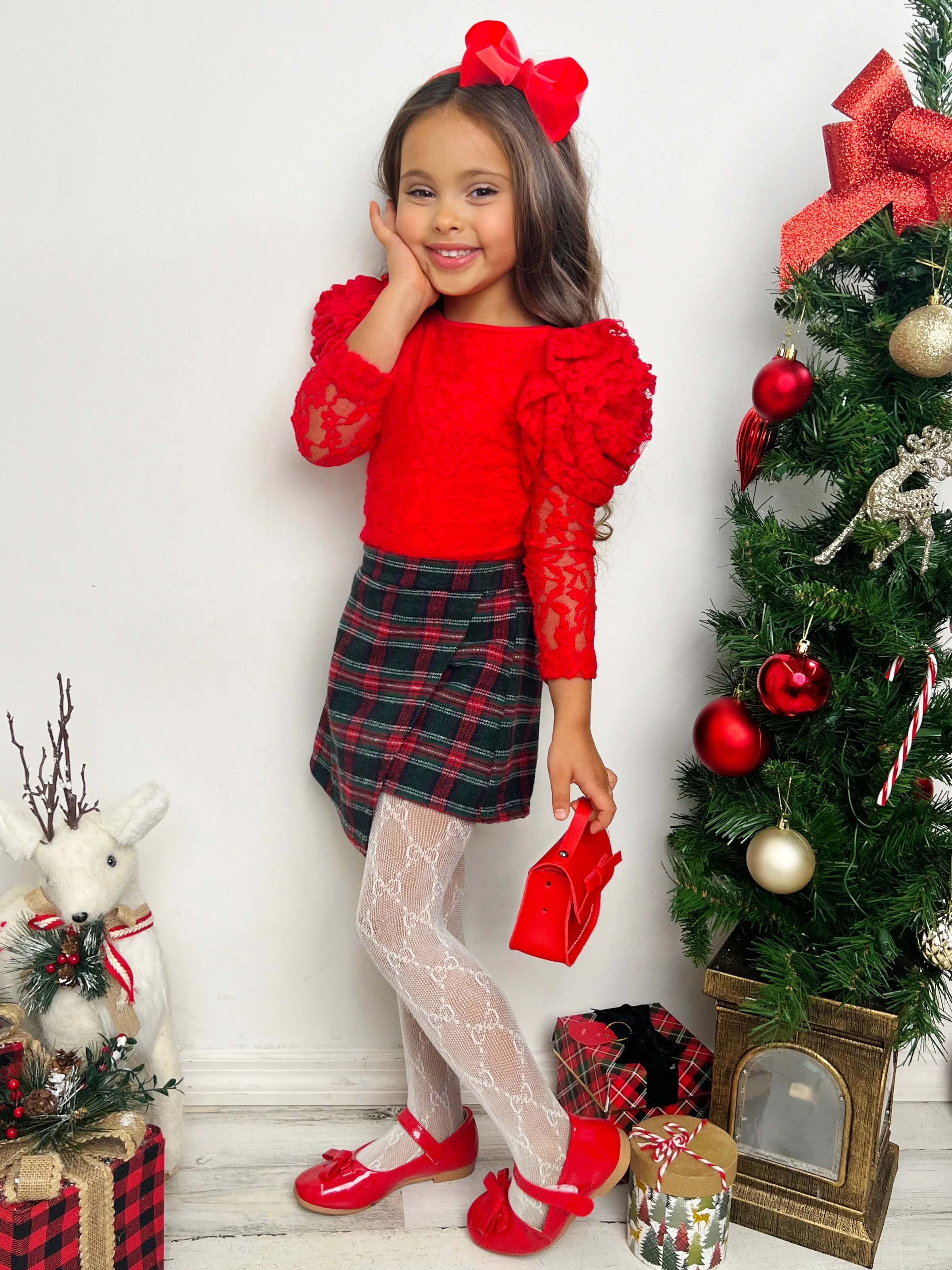 Rosy Daydream Rosette Sleeve Lace Top and Plaid Skort Set - Image 7
