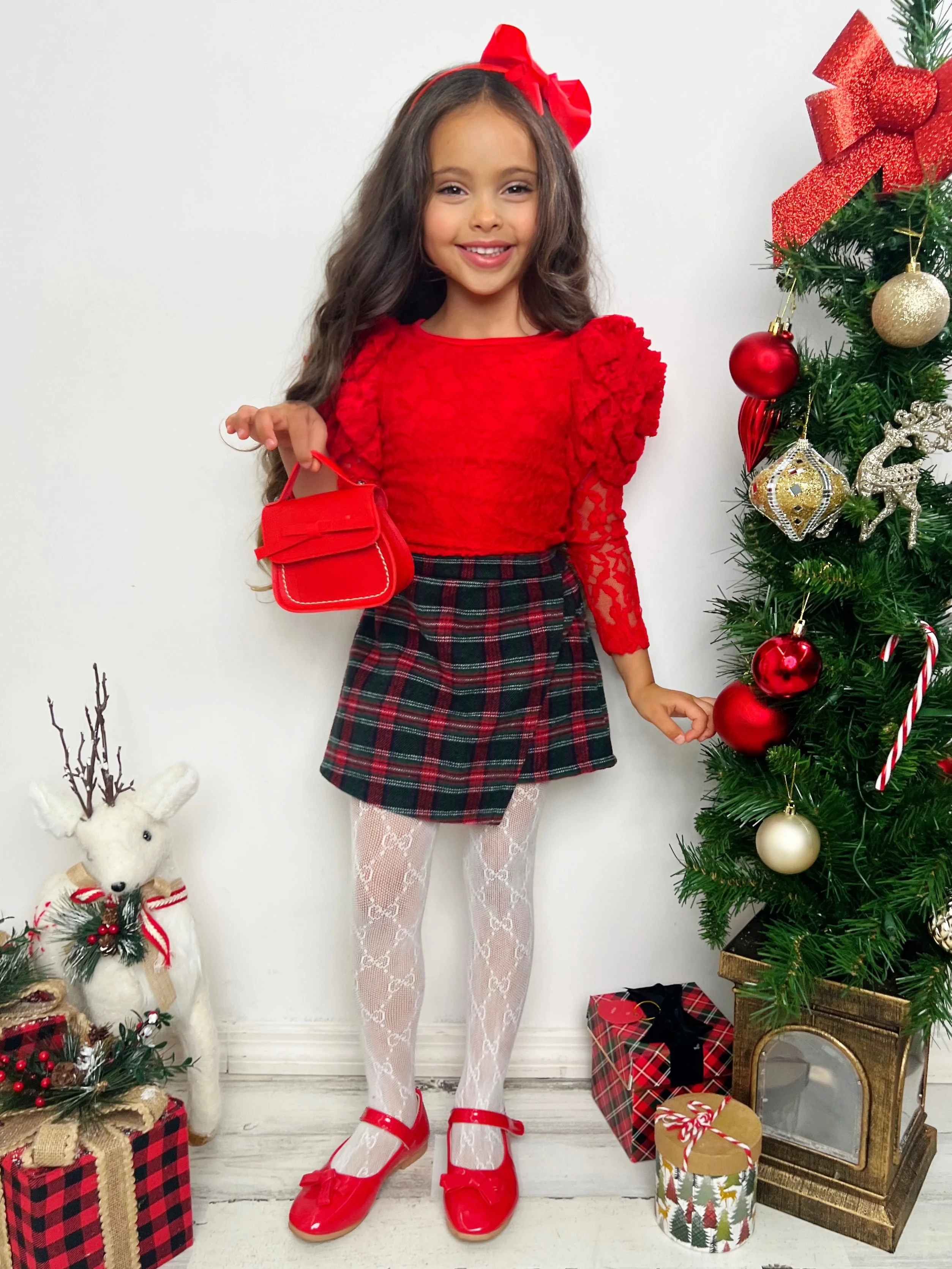Rosy Daydream Rosette Sleeve Lace Top and Plaid Skort Set - Image 8