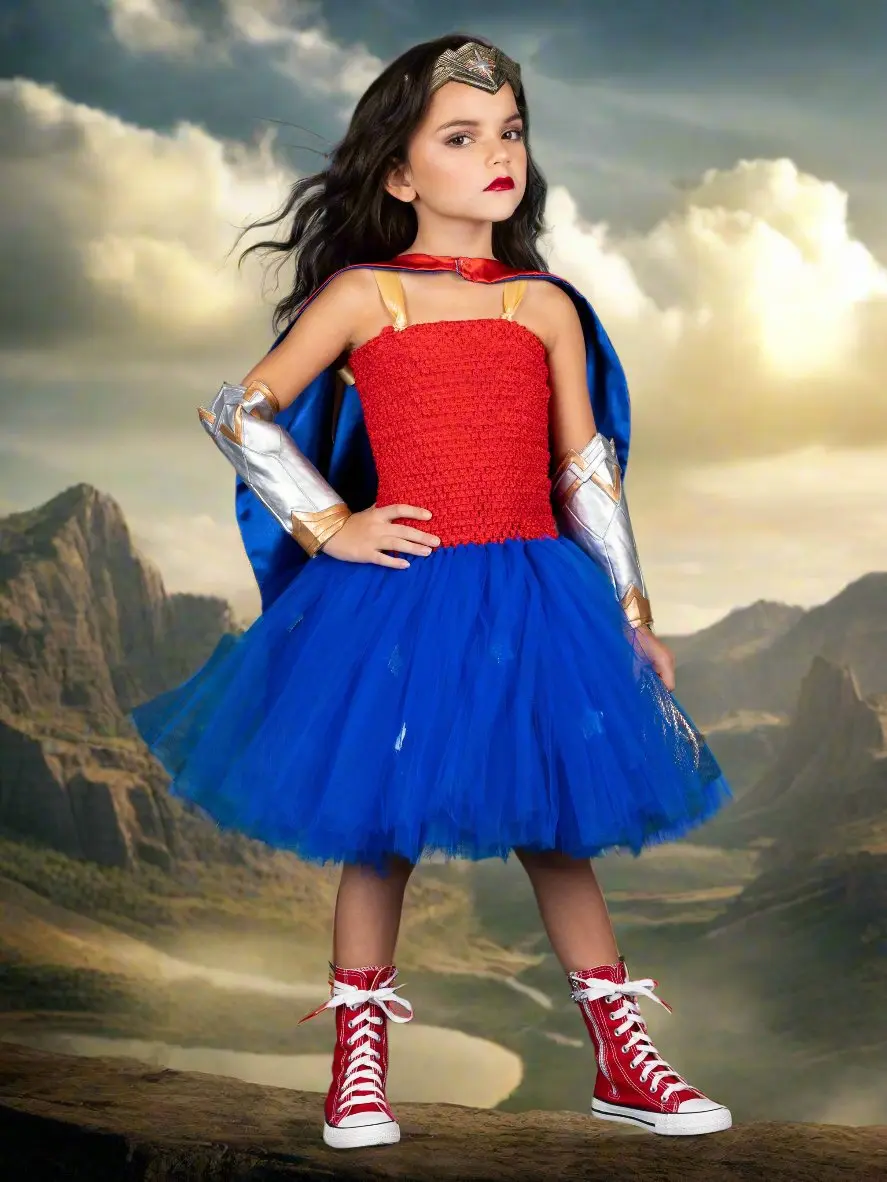 Girls Wonder Princess Tutu Costume Dress With Cape - Image 4