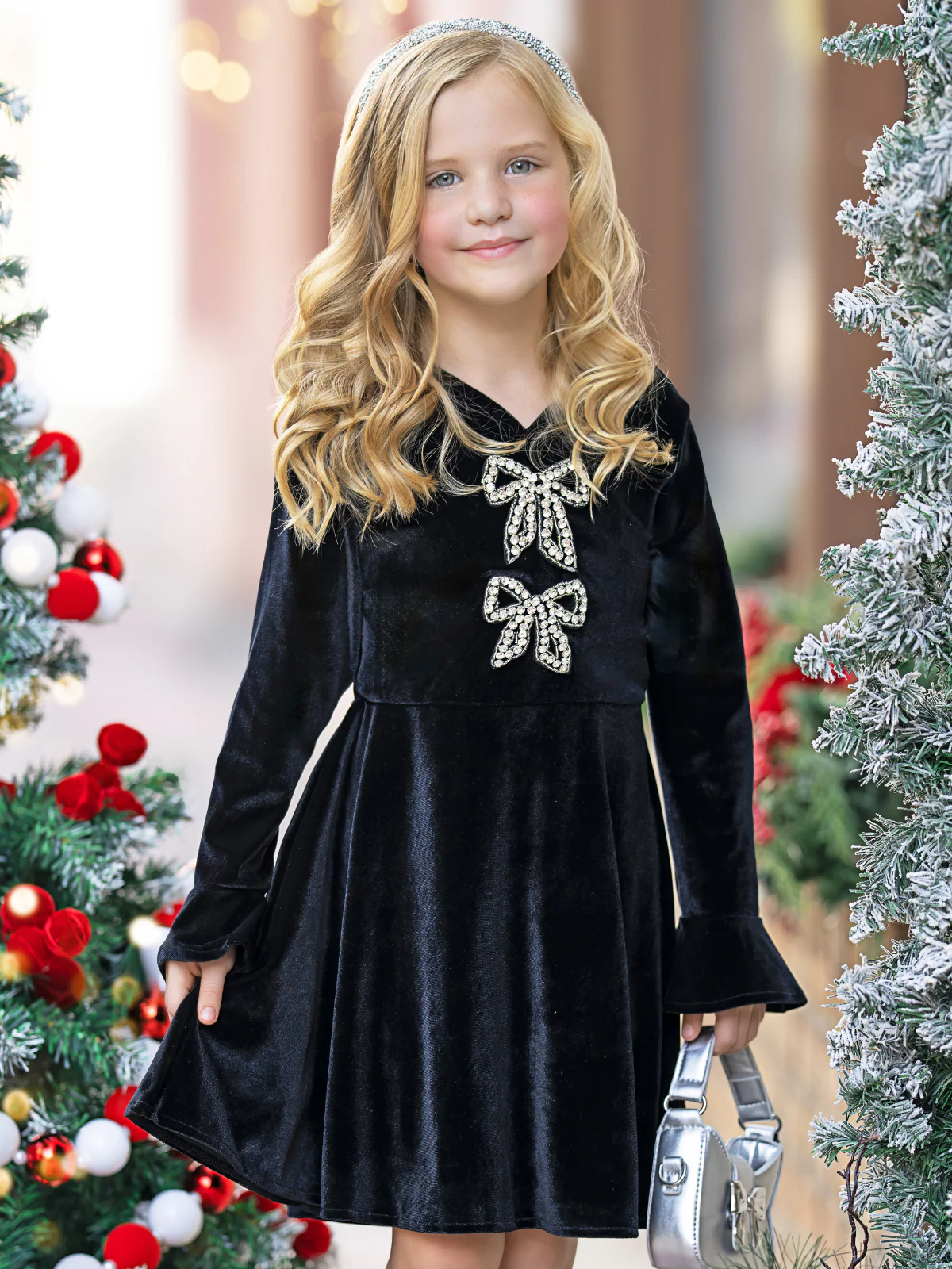 Crystal Bow Long Sleeve Velour Dress - Image 2