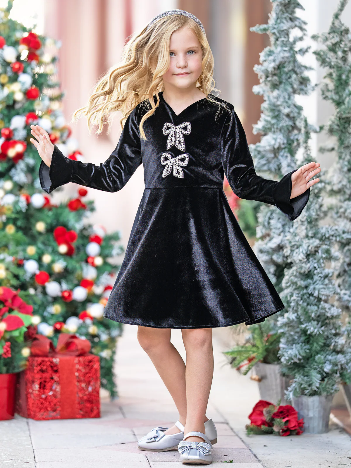 Crystal Bow Long Sleeve Velour Dress - Image 4