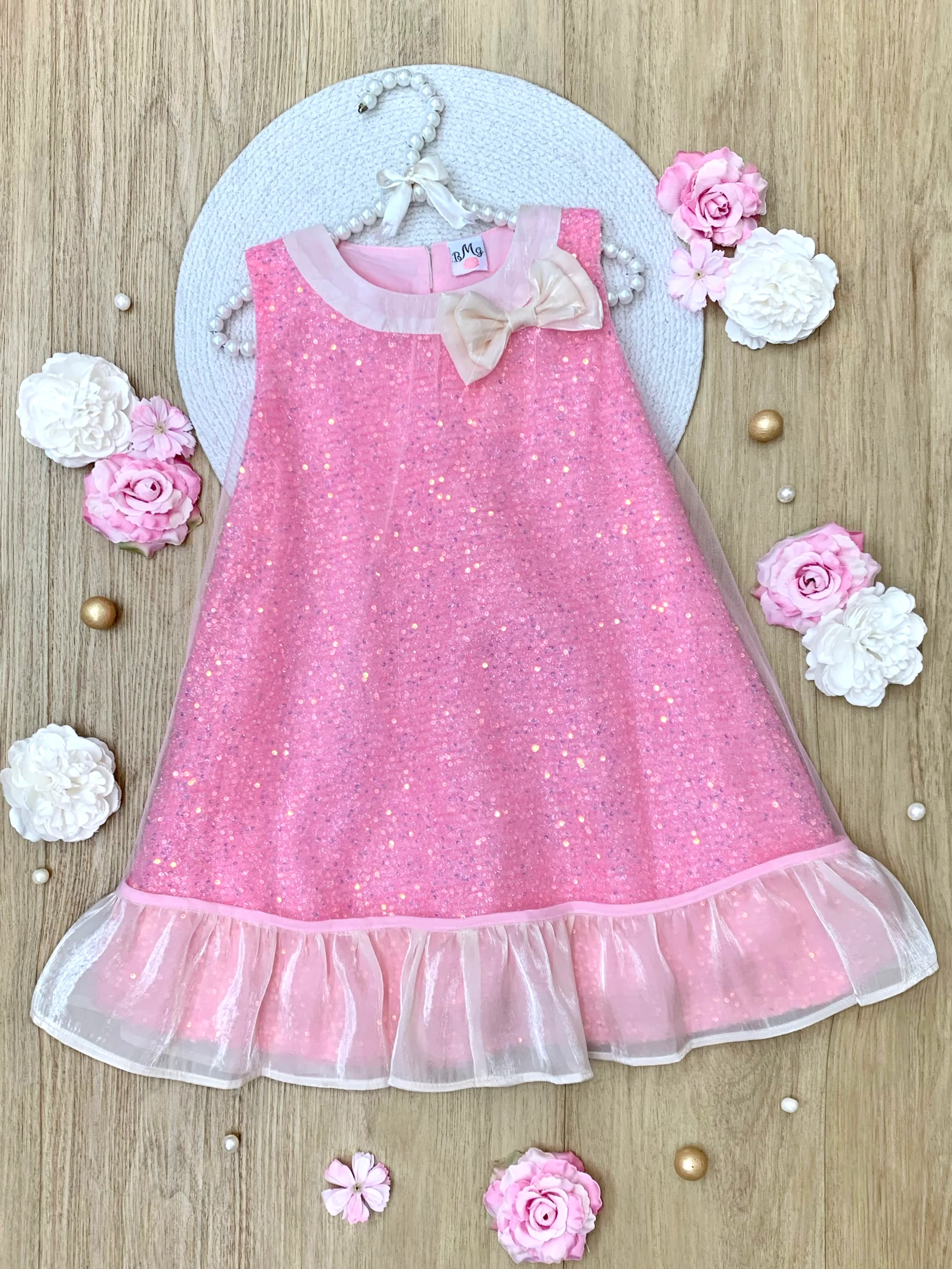 Glittery Pink Bow Sequin Ruffle Dress - Image 2