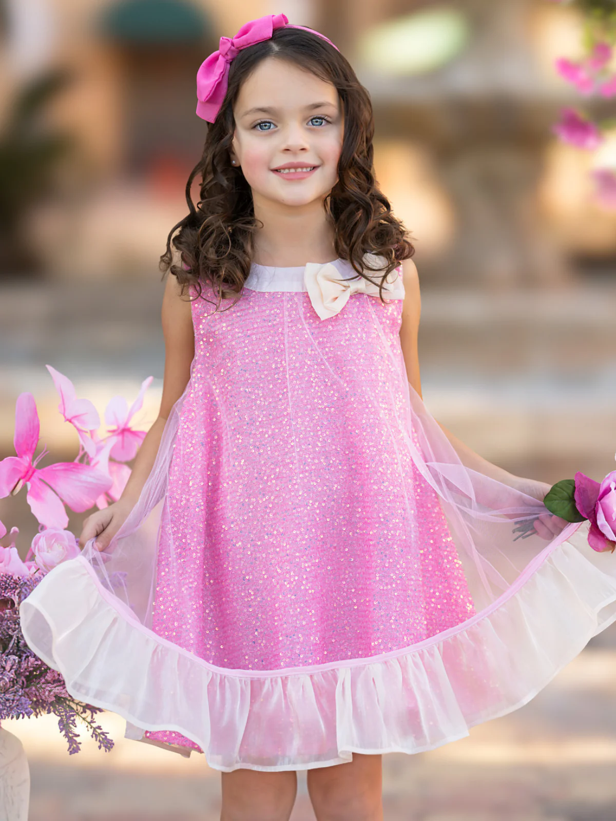 Glittery Pink Bow Sequin Ruffle Dress - Image 3