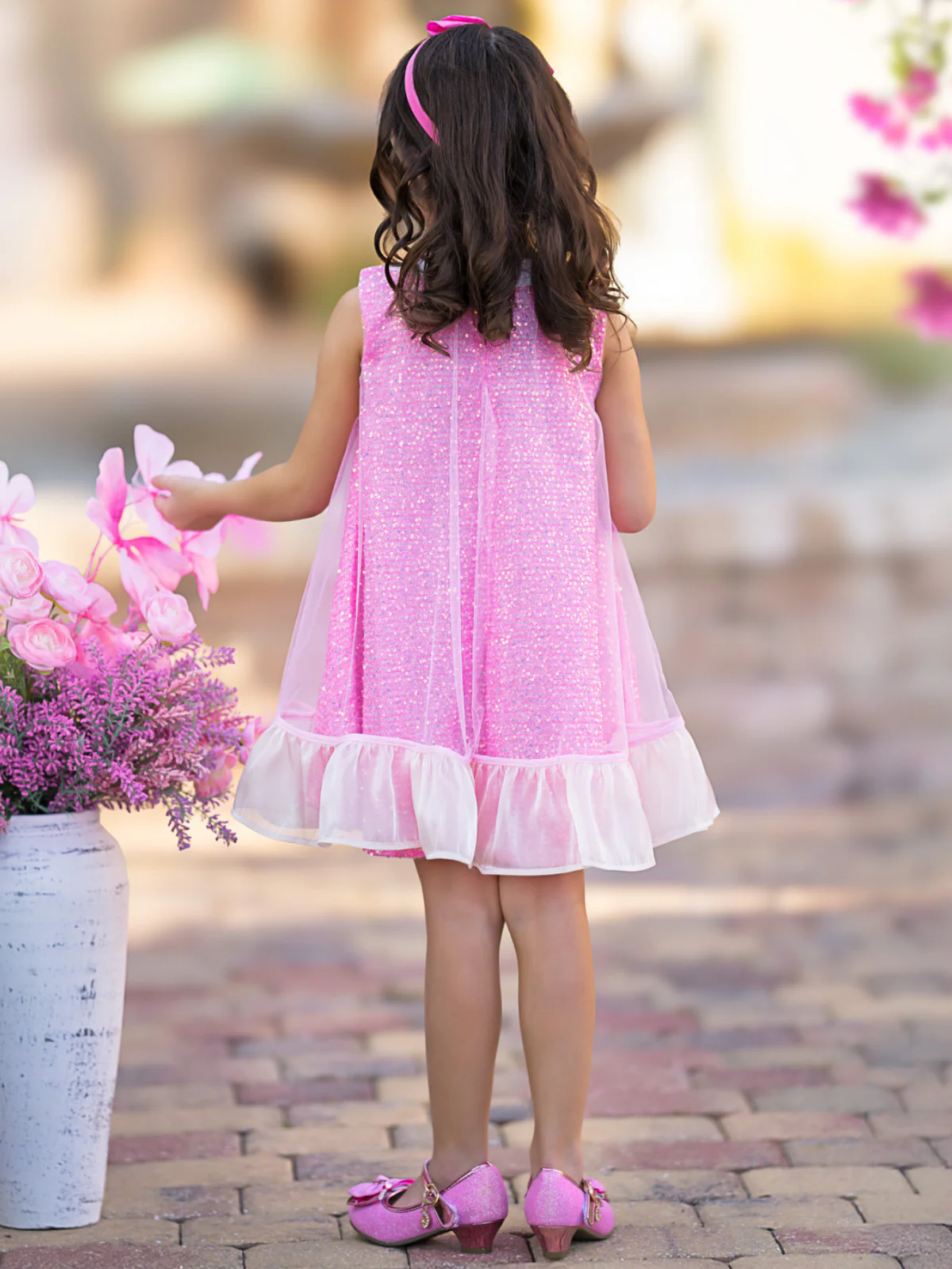 Glittery Pink Bow Sequin Ruffle Dress - Image 4