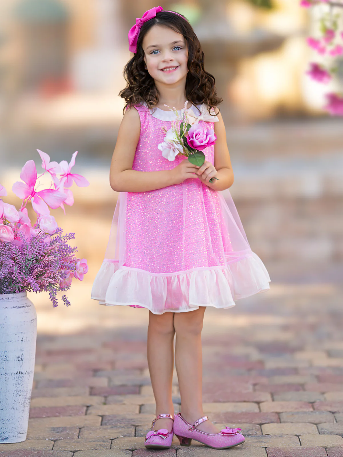 Glittery Pink Bow Sequin Ruffle Dress - Image 5