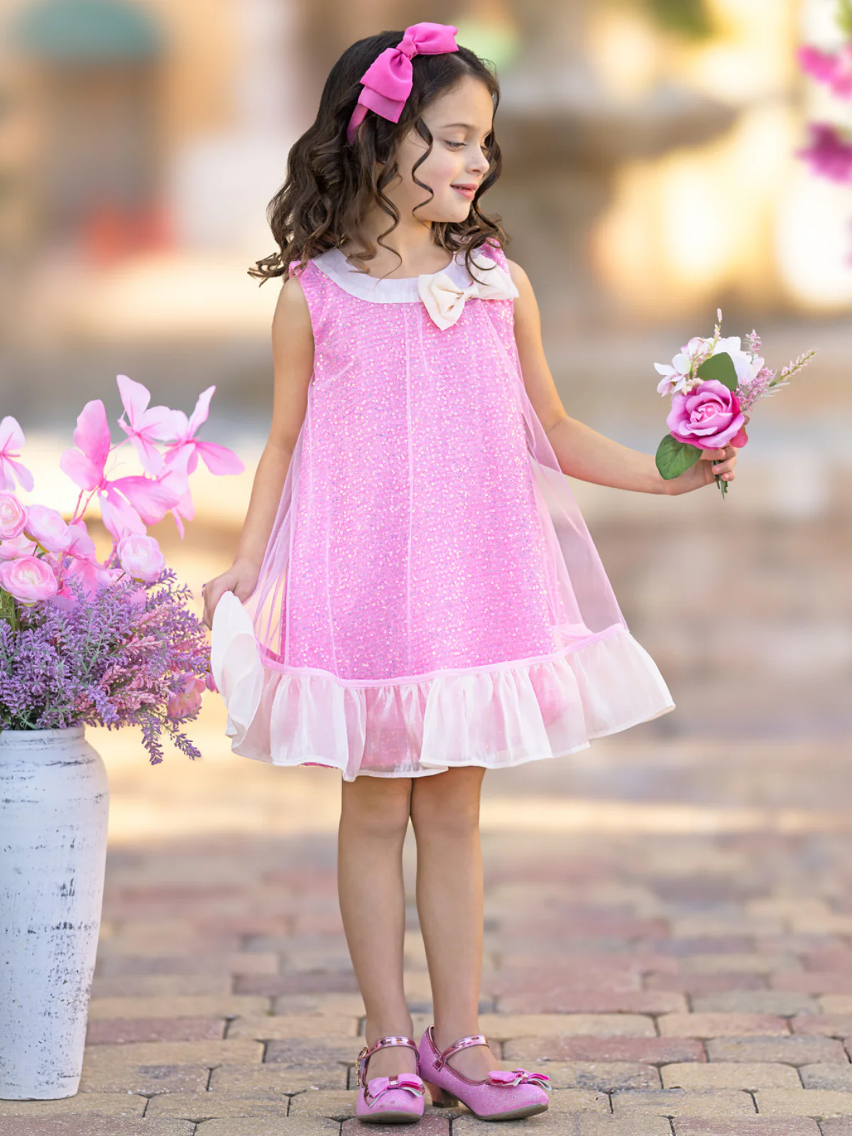 Glittery Pink Bow Sequin Ruffle Dress - Image 6