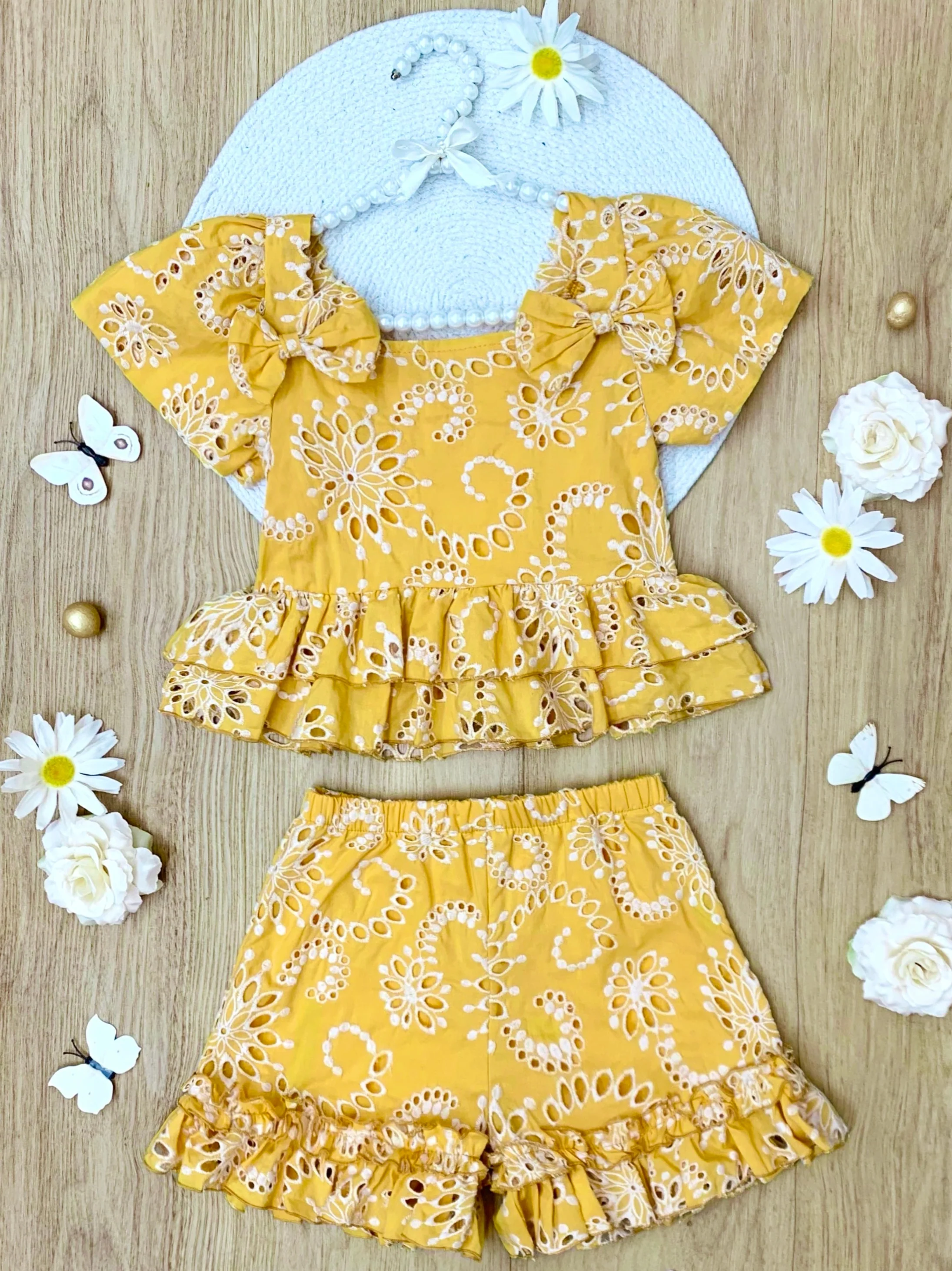 Golden Bloom Yellow Eyelet Top and Ruffle Shorts Set - Image 3