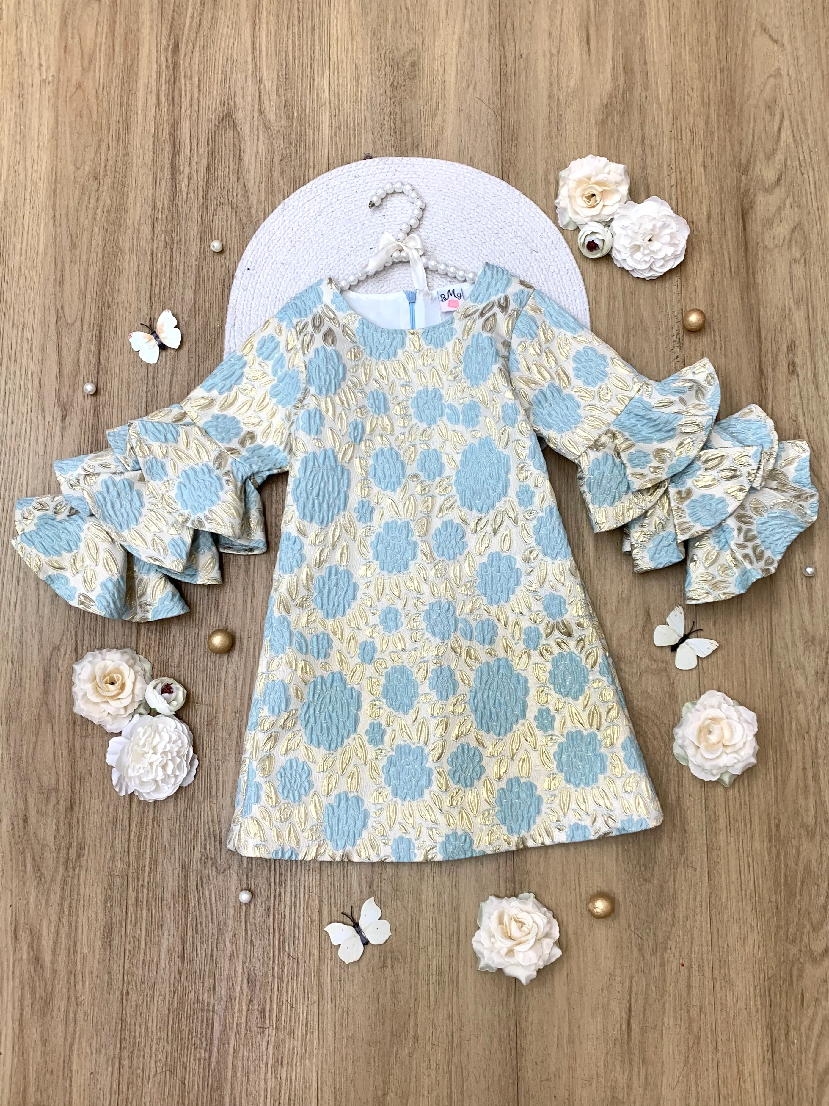 Golden Bloom Metallic Floral Ruffle Sleeve Dress - Image 3