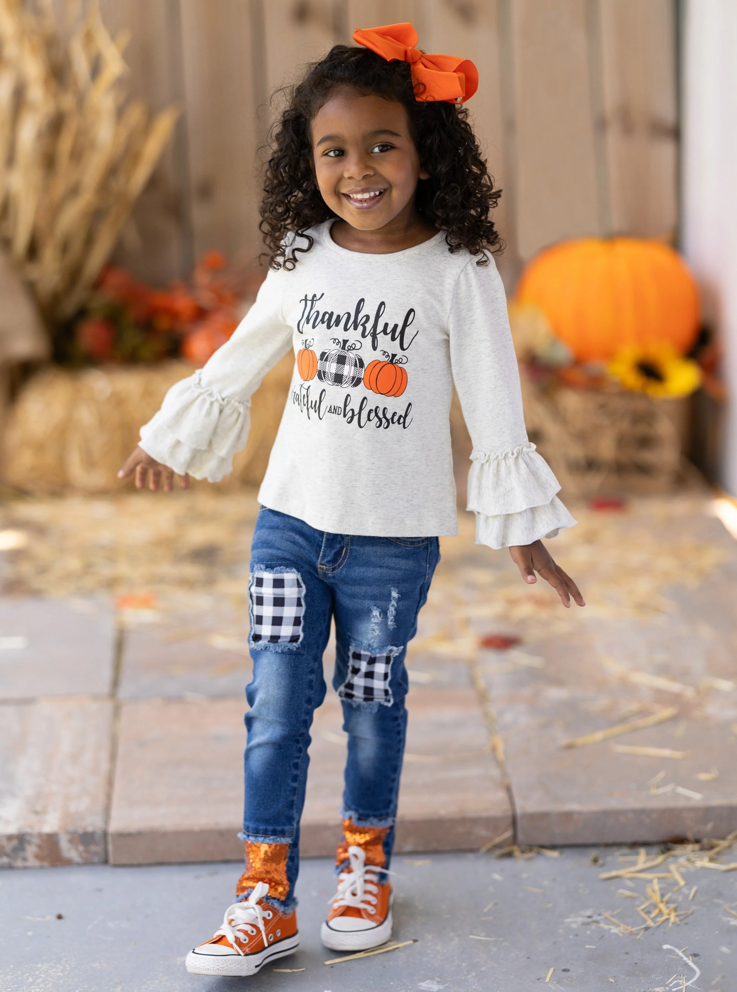 Thankful, Grateful, and Blessed Sequin Patched Jeans Set - Image 2