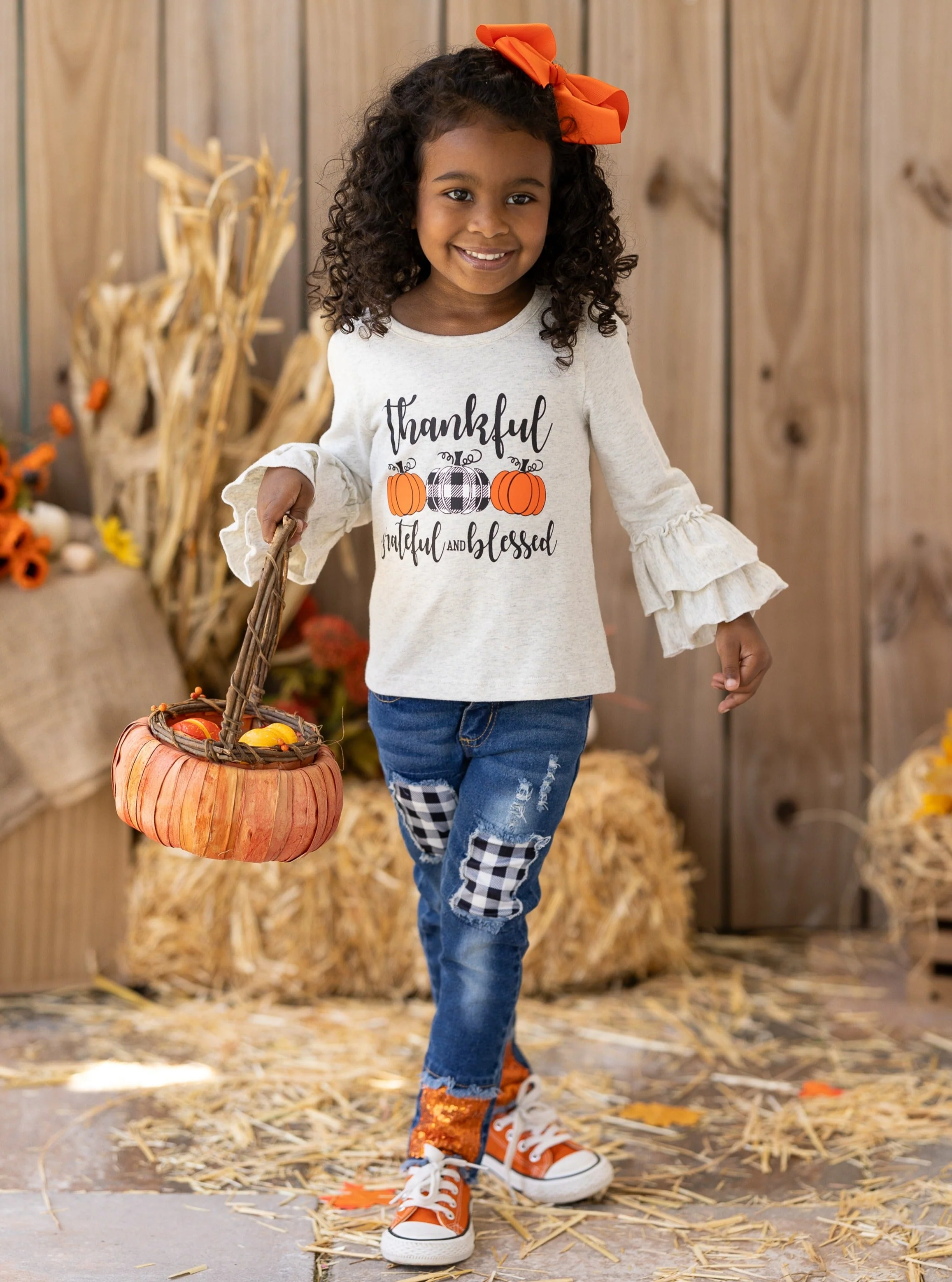 Thankful, Grateful, and Blessed Sequin Patched Jeans Set - Image 3