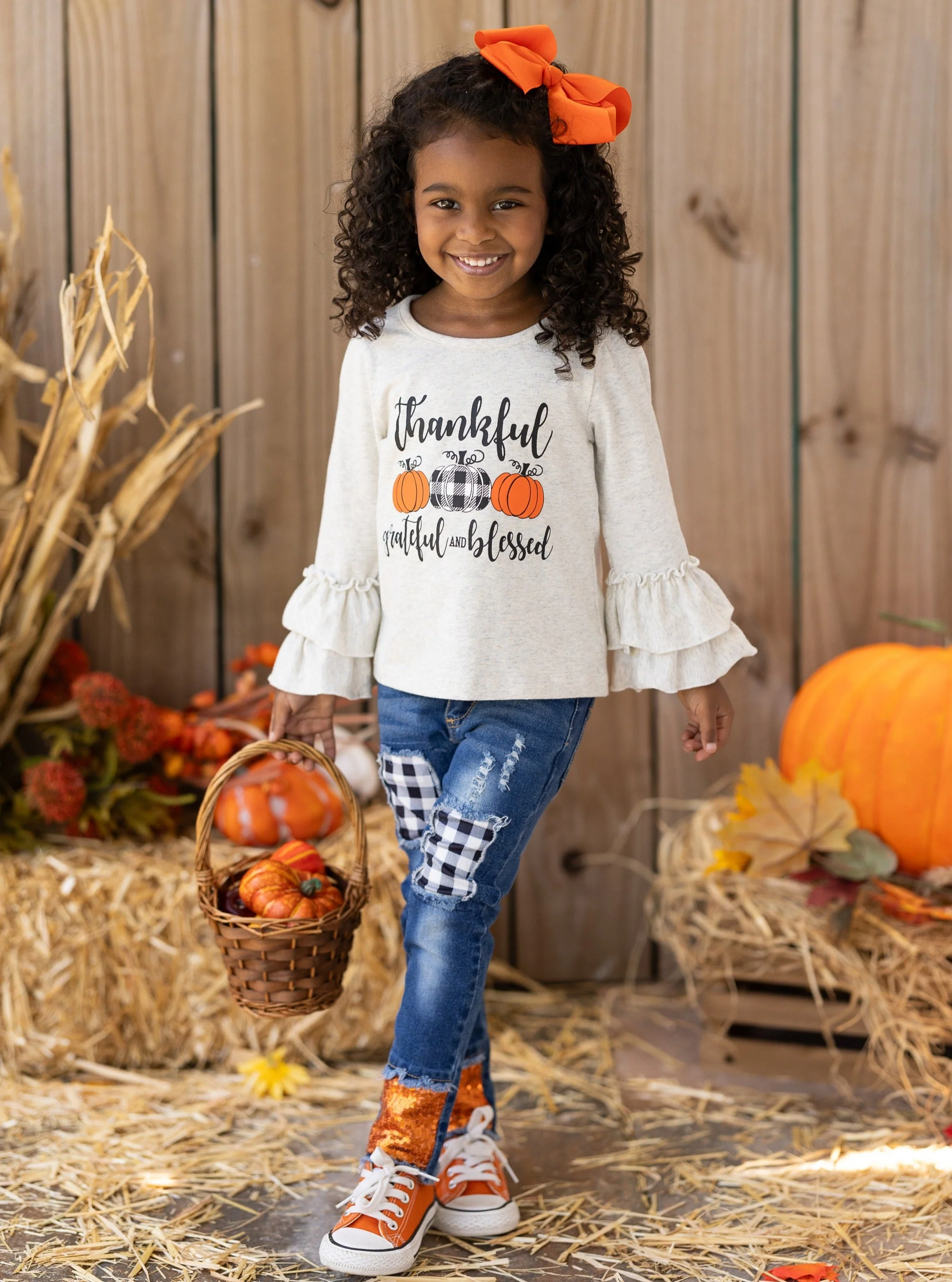 Thankful, Grateful, and Blessed Sequin Patched Jeans Set - Image 5