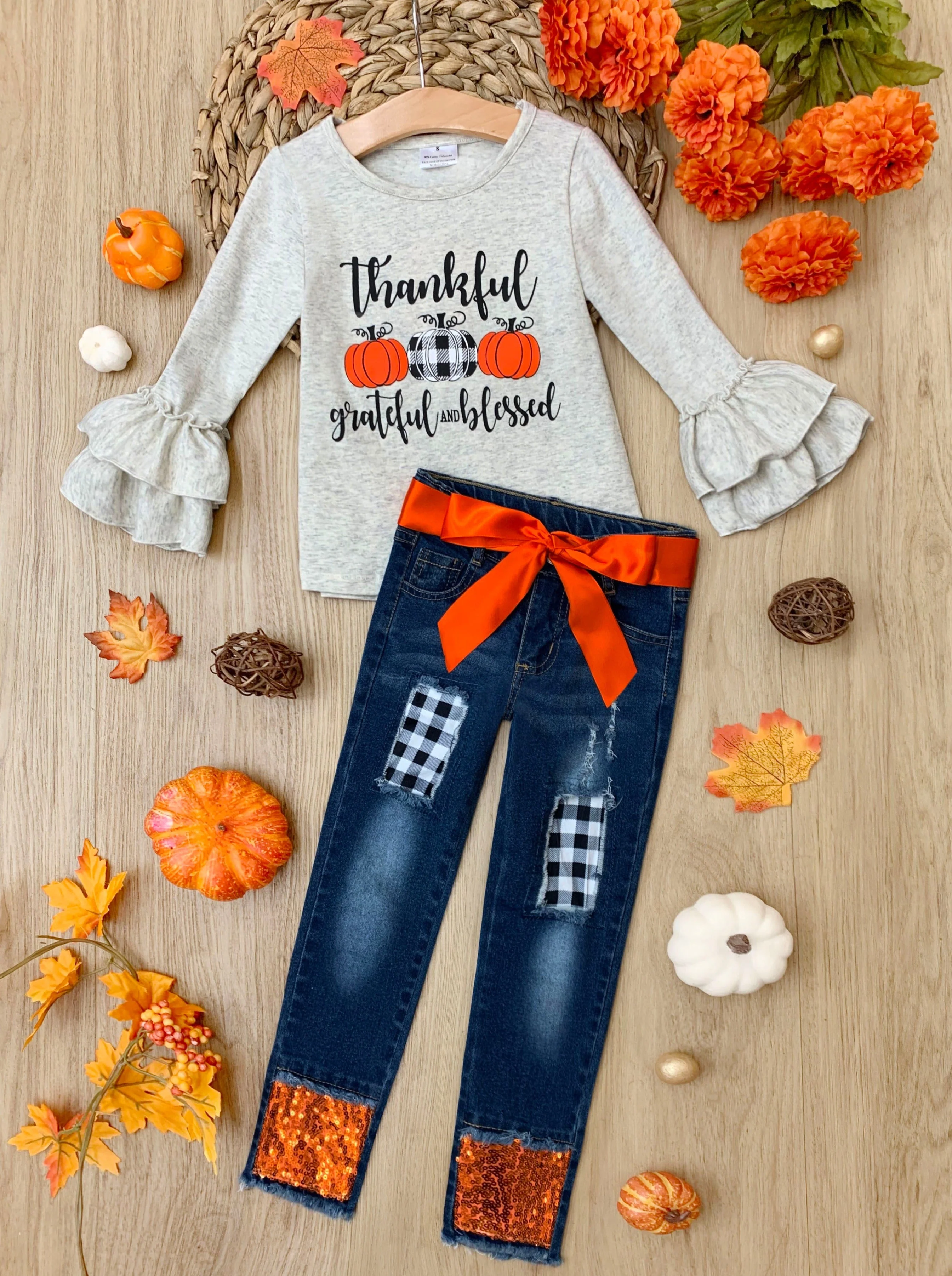 Thankful, Grateful, and Blessed Sequin Patched Jeans Set - Image 8
