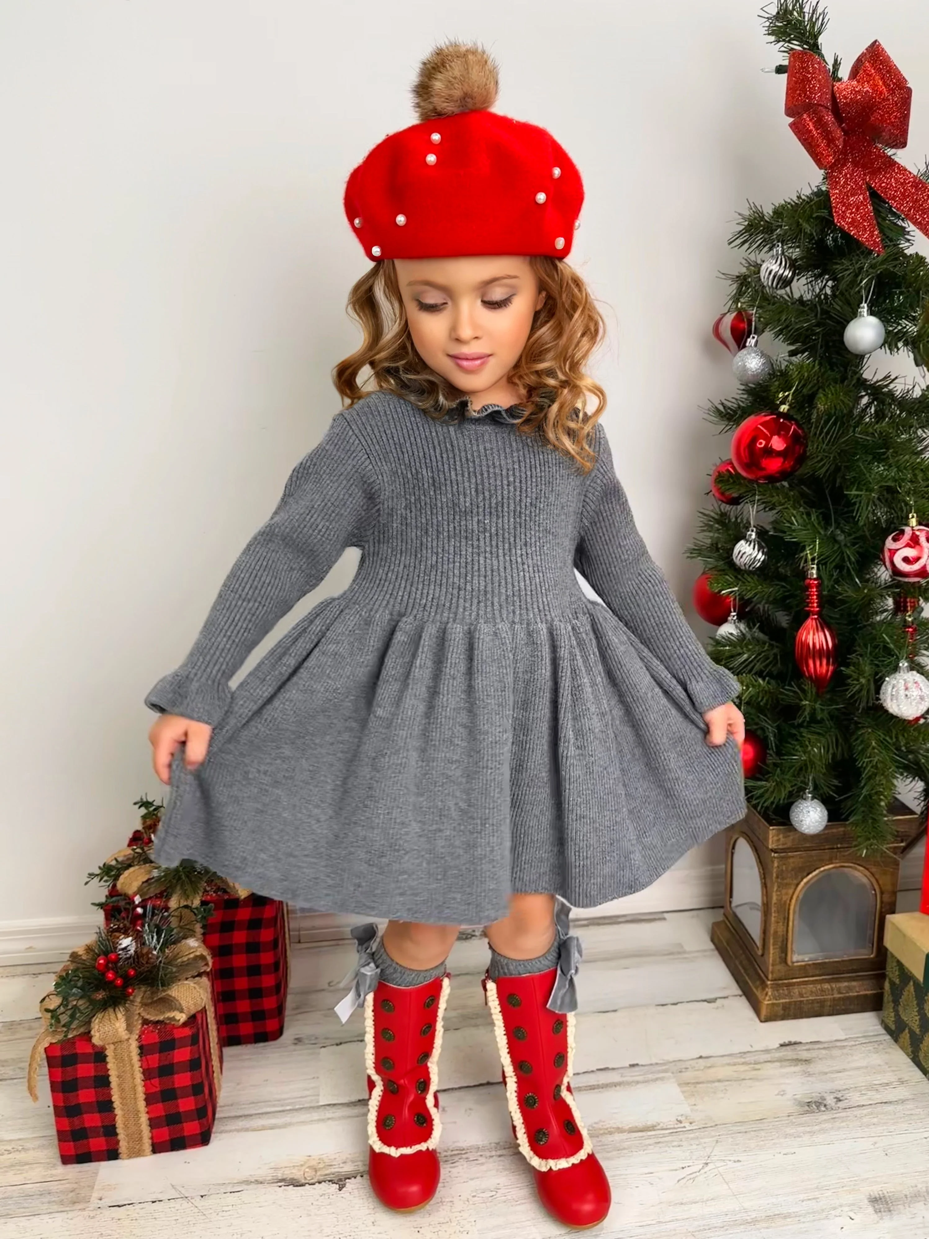Cozy Holiday Grey Ruffle Knit Sweater Dress - Image 2