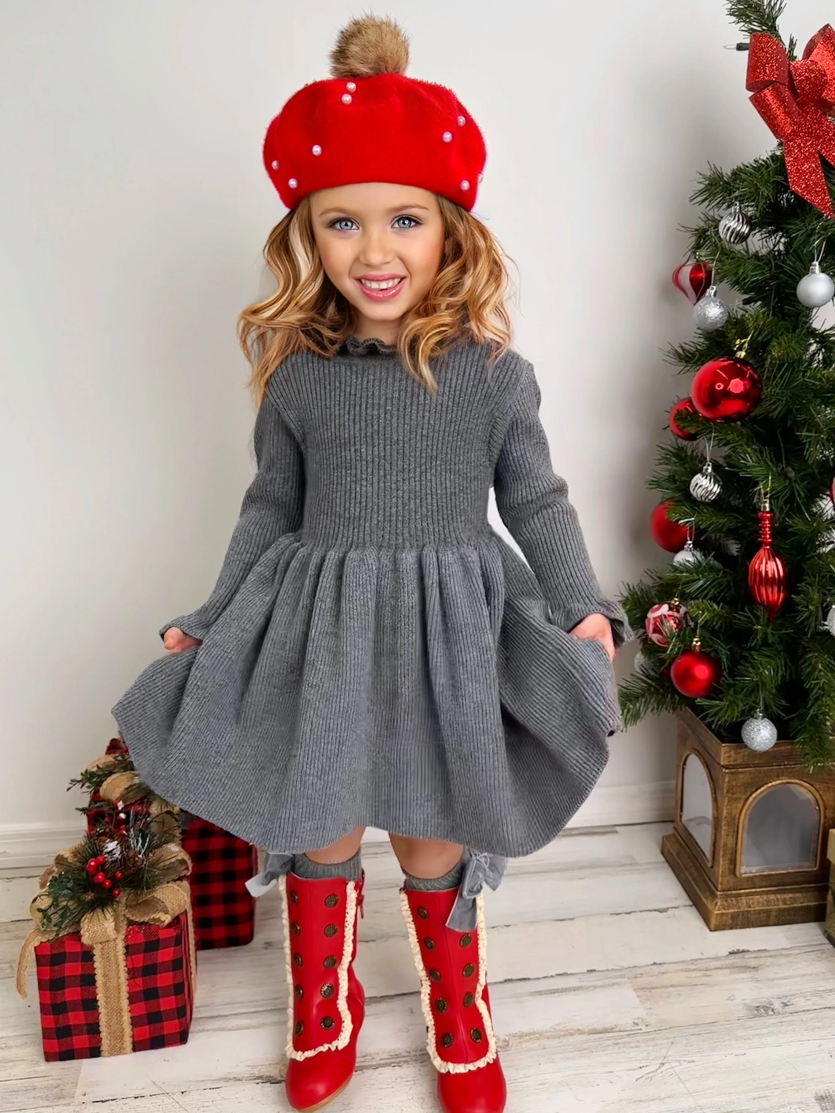 Cozy Holiday Grey Ruffle Knit Sweater Dress - Image 3