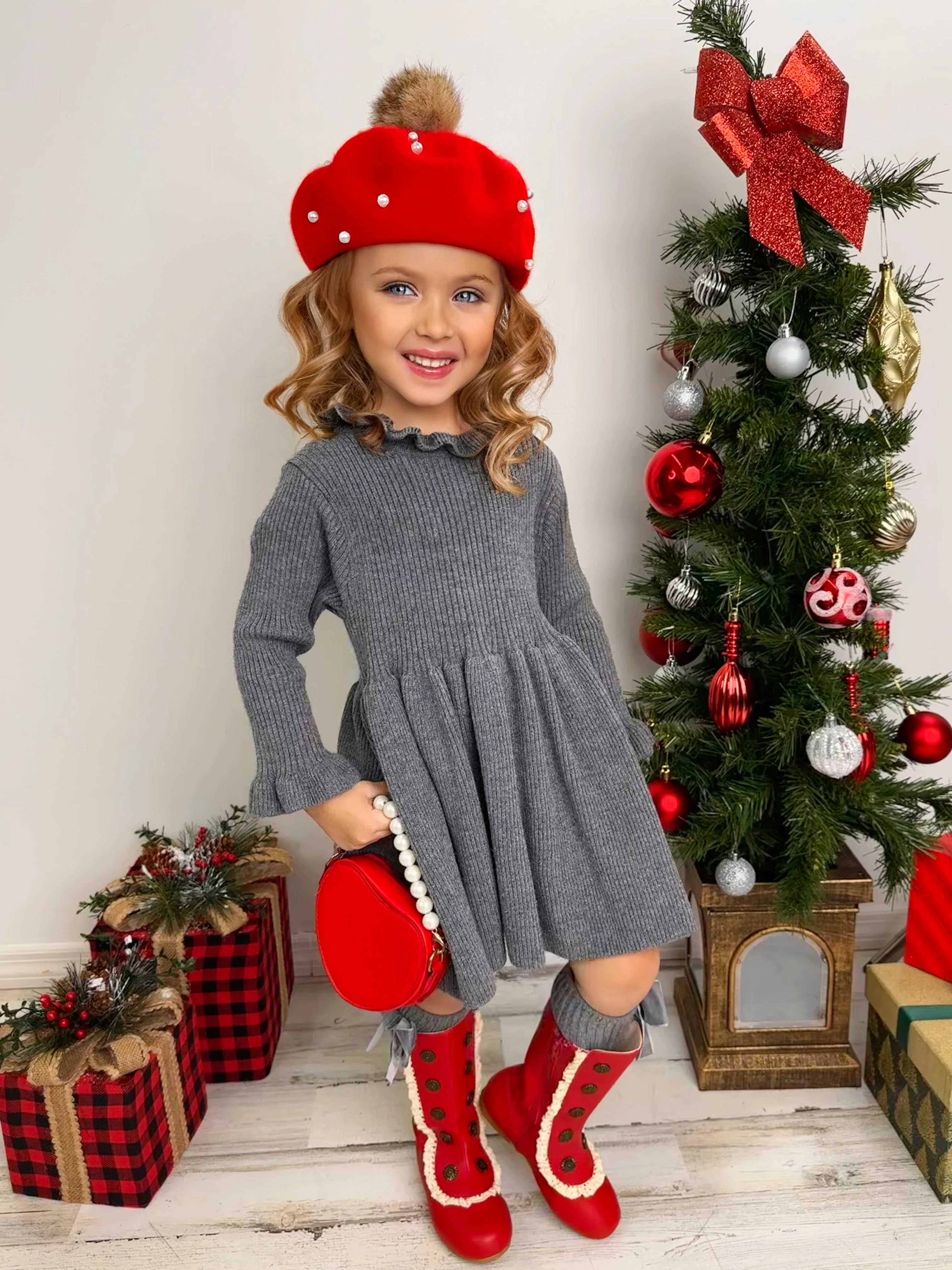 Cozy Holiday Grey Ruffle Knit Sweater Dress - Image 4