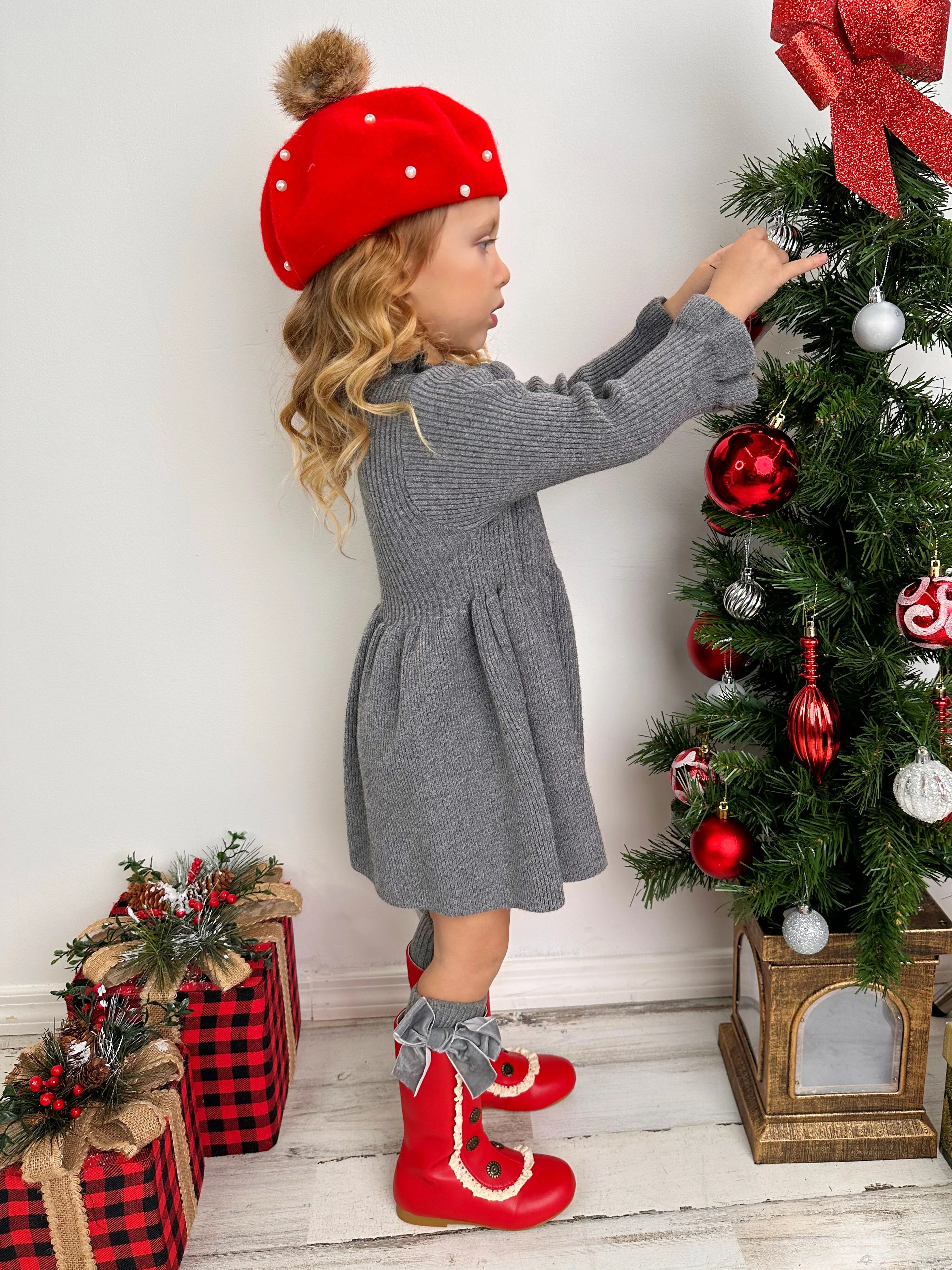 Cozy Holiday Grey Ruffle Knit Sweater Dress - Image 5