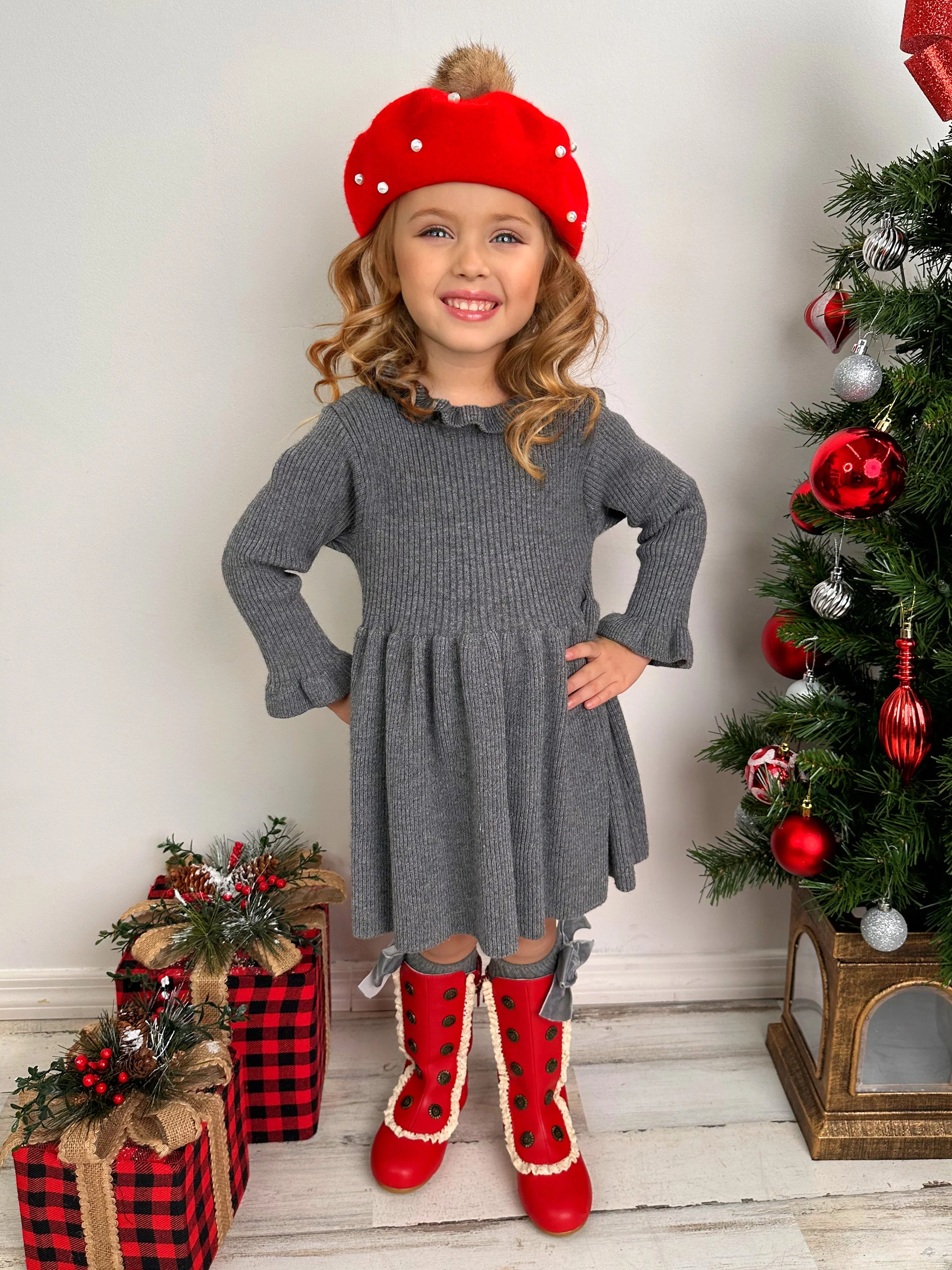 Cozy Holiday Grey Ruffle Knit Sweater Dress - Image 6