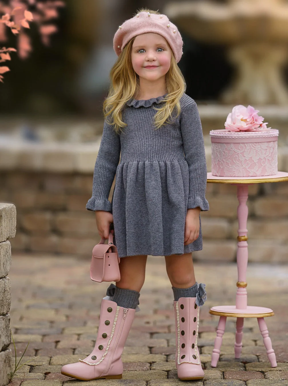 Cozy Holiday Grey Ruffle Knit Sweater Dress - Image 7