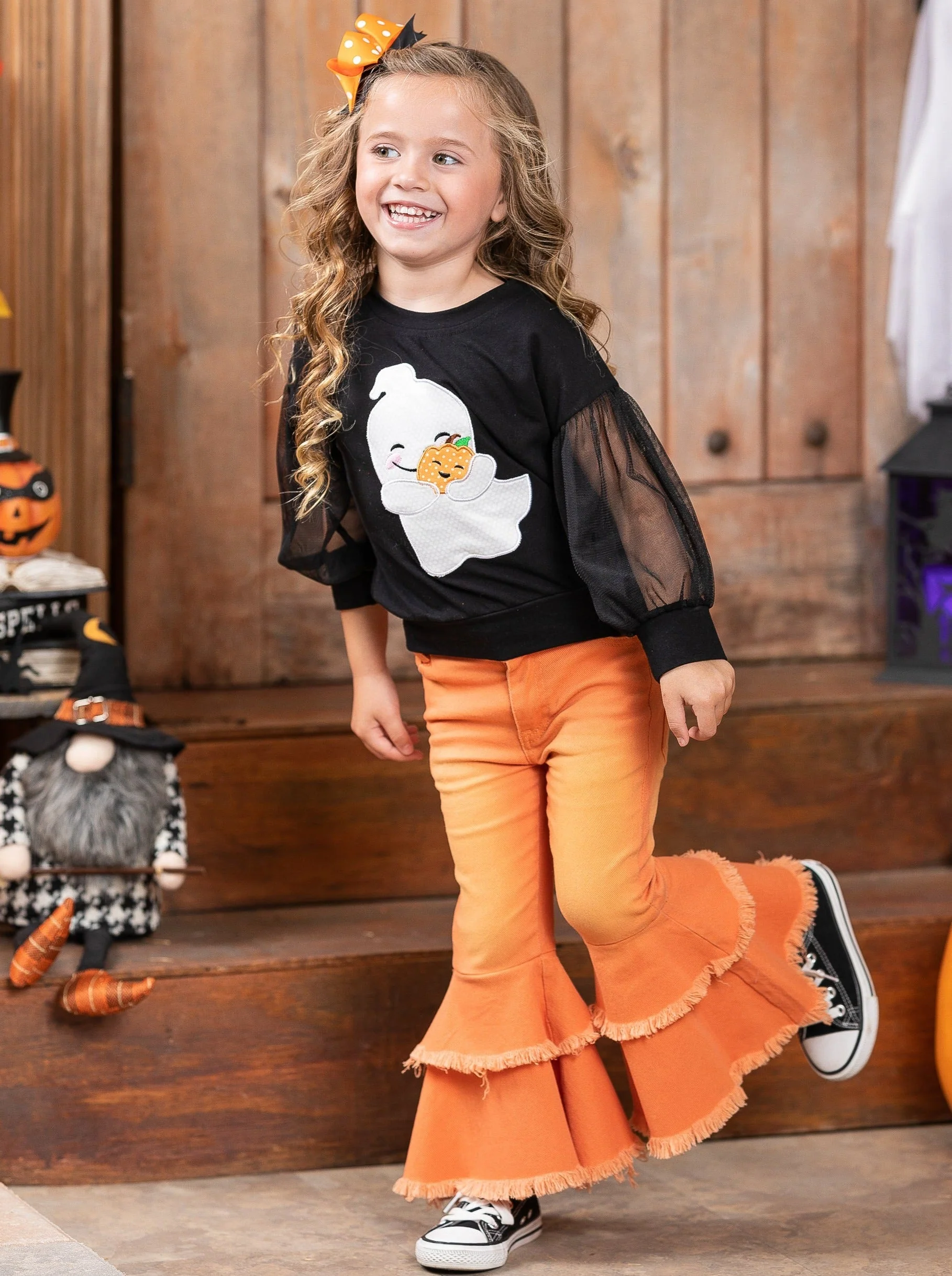 Haunting For Hugs Tulle Sleeve Top and Bell Bottom Jeans Set - Image 2