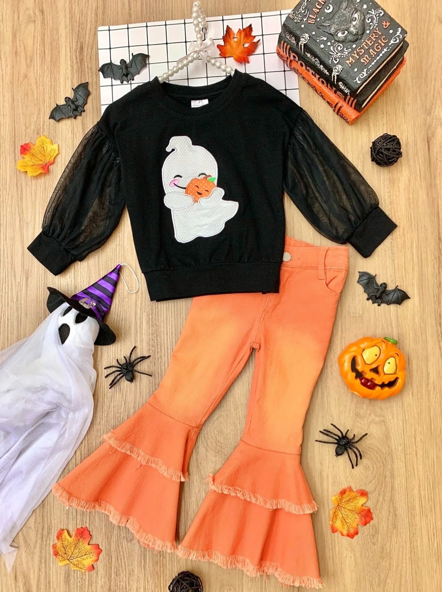 Haunting For Hugs Tulle Sleeve Top and Bell Bottom Jeans Set - Image 3