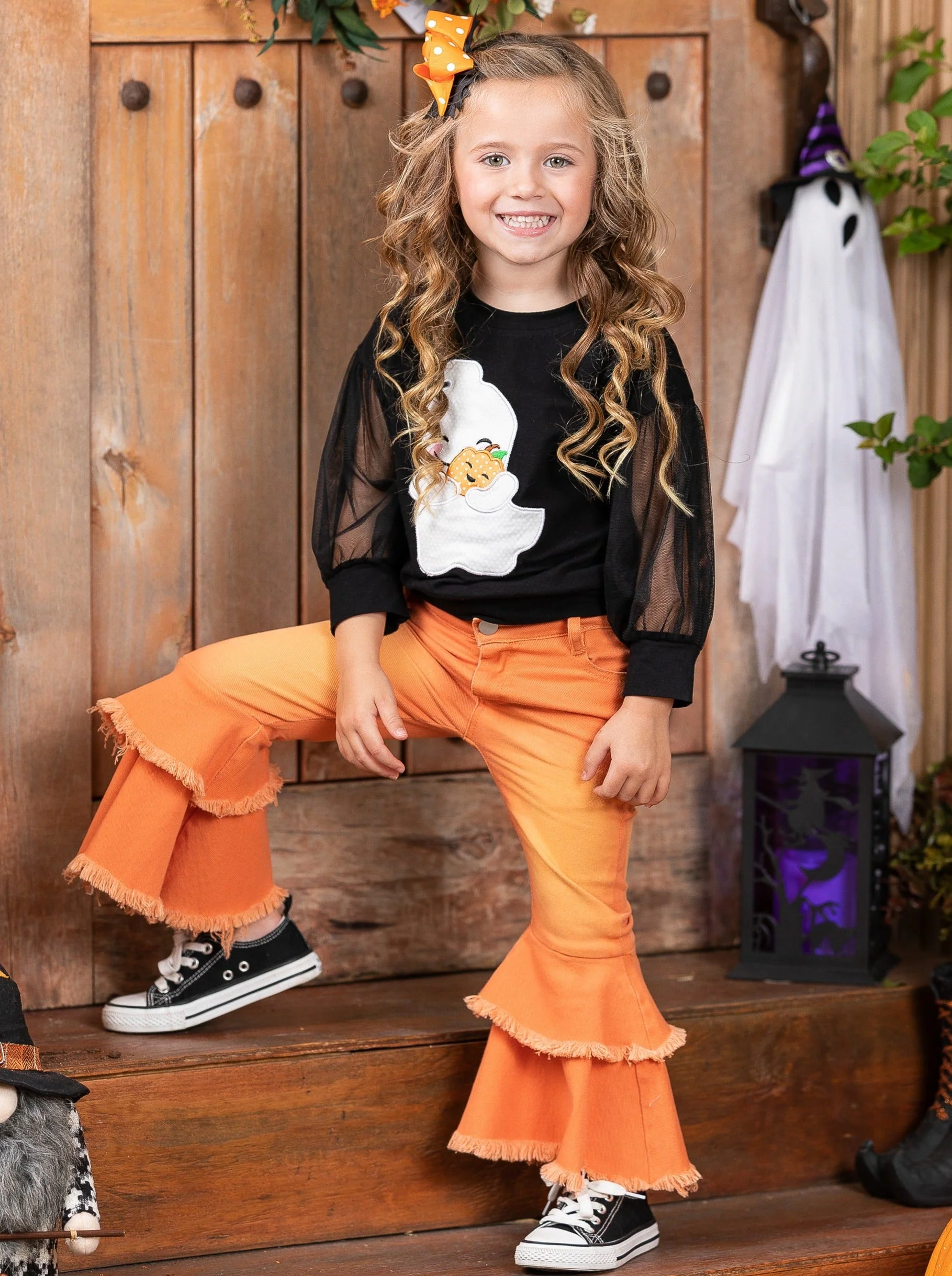 Haunting For Hugs Tulle Sleeve Top and Bell Bottom Jeans Set - Image 4