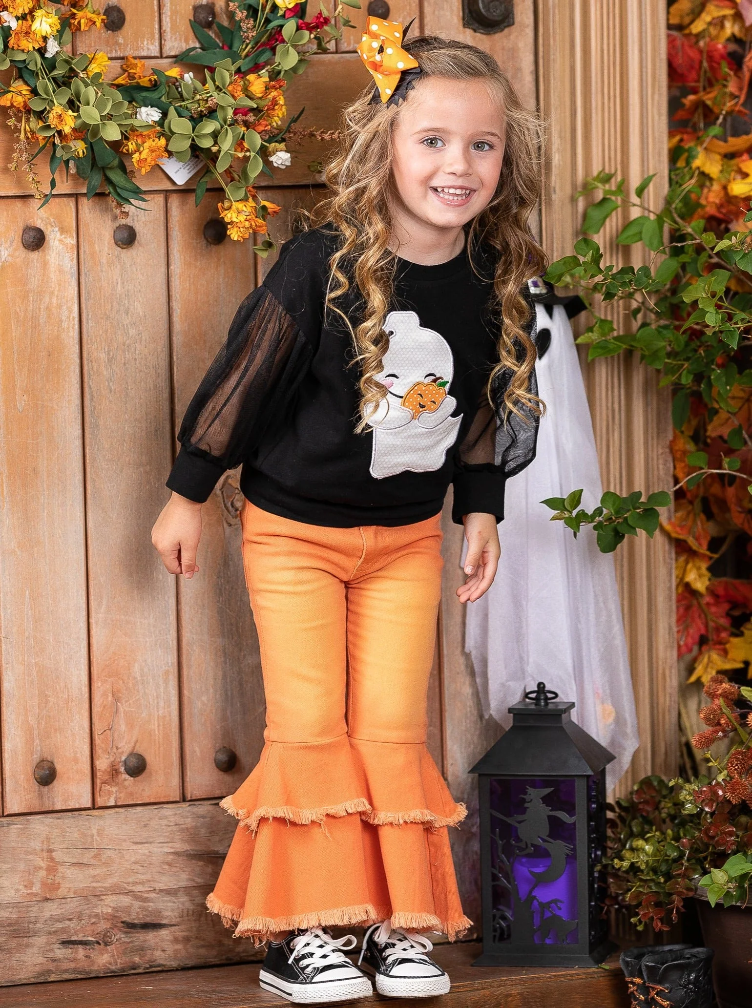 Haunting For Hugs Tulle Sleeve Top and Bell Bottom Jeans Set - Image 5