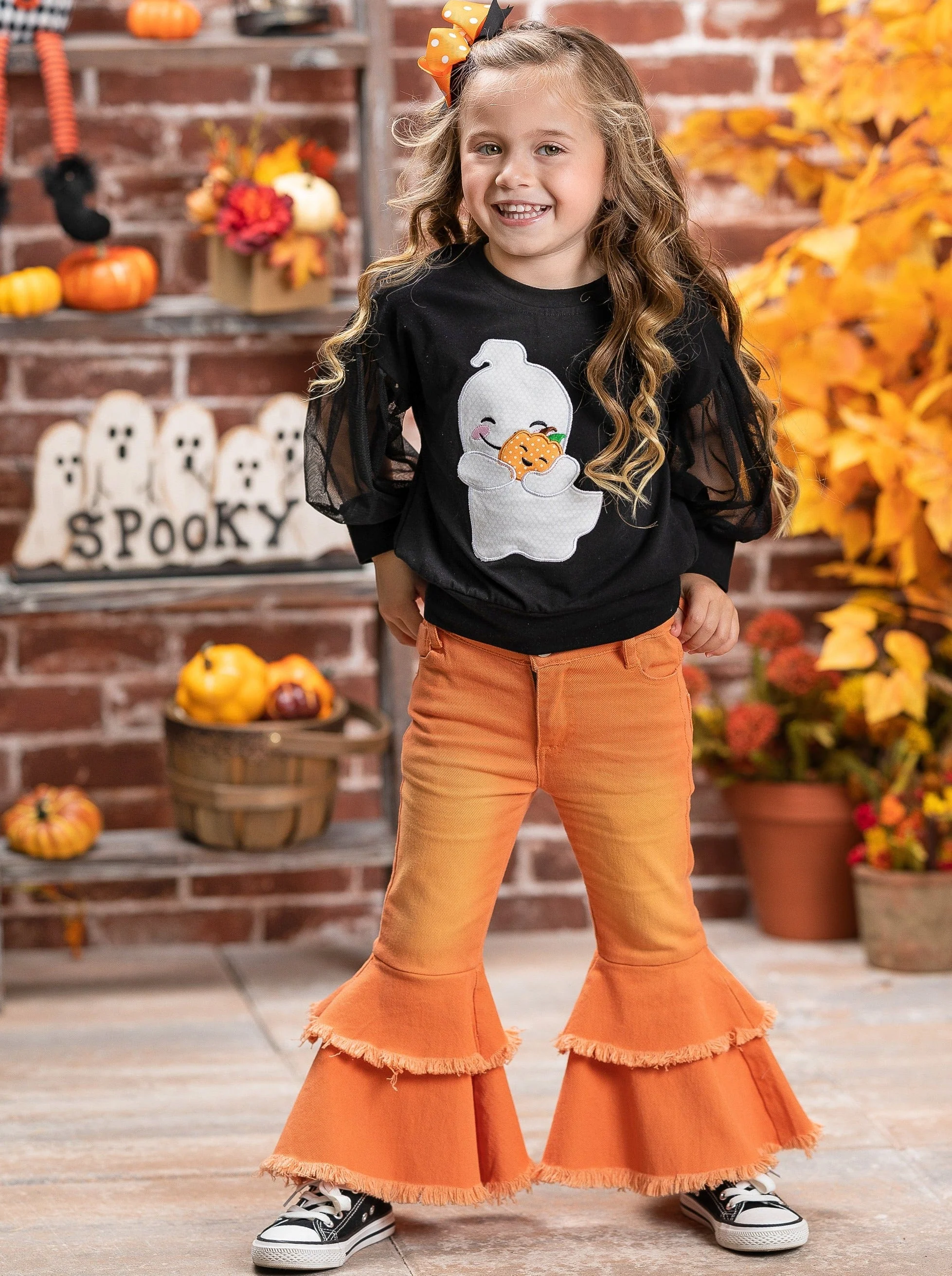 Haunting For Hugs Tulle Sleeve Top and Bell Bottom Jeans Set - Image 6
