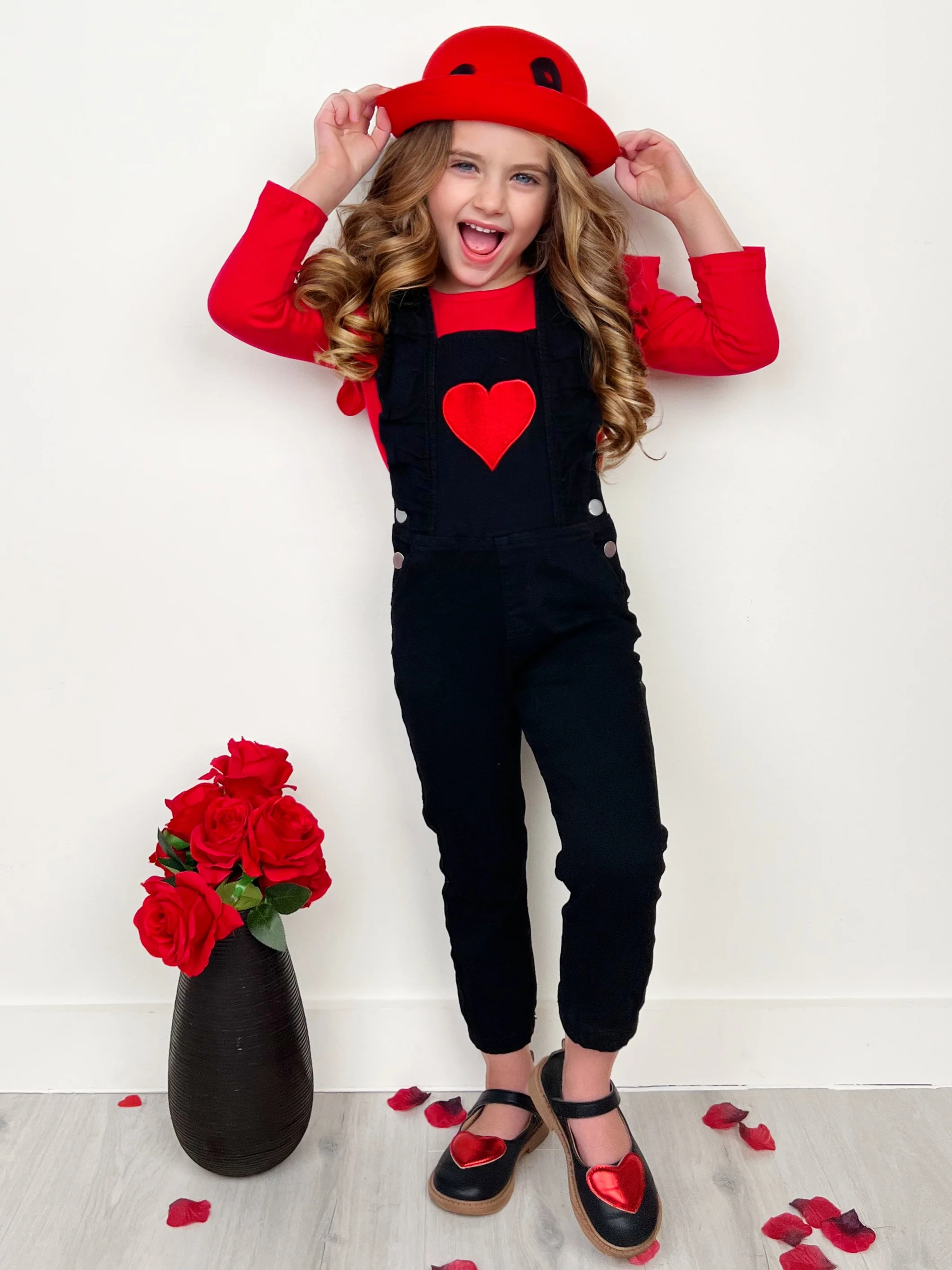 Heart Ruffle Long Sleeve Top and Black Overall Set - Image 2