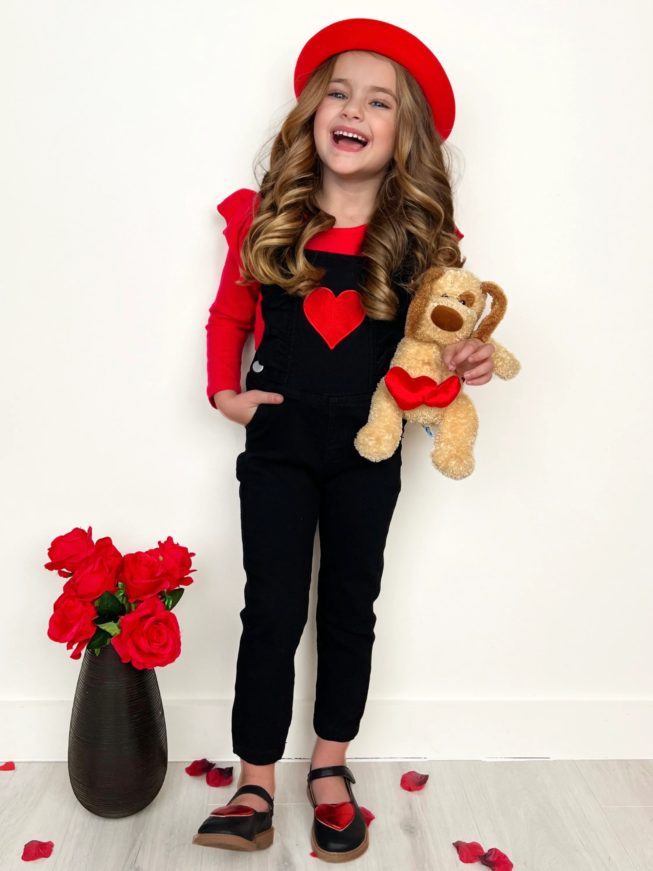 Heart Ruffle Long Sleeve Top and Black Overall Set - Image 3