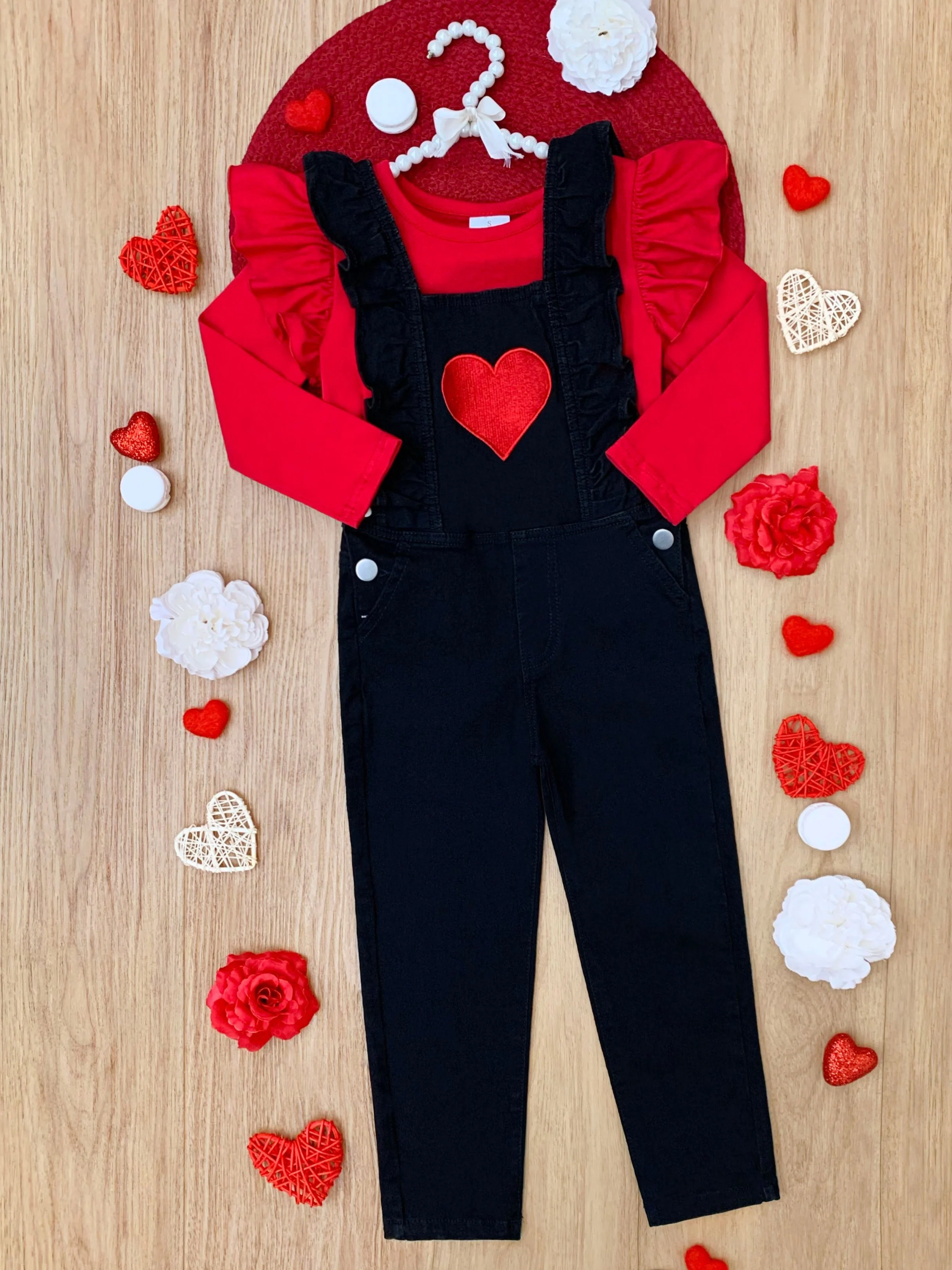 Heart Ruffle Long Sleeve Top and Black Overall Set - Image 4