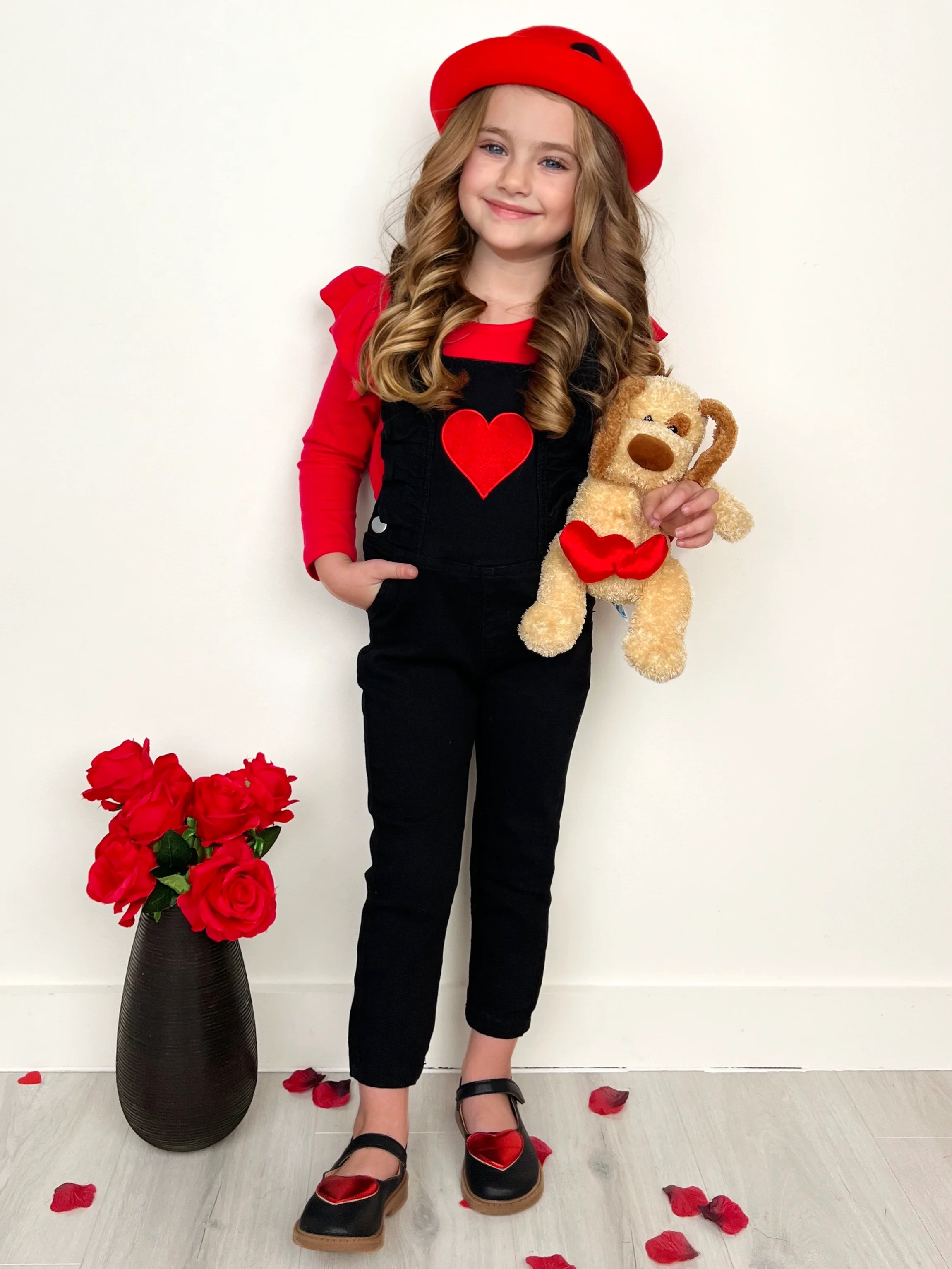 Heart Ruffle Long Sleeve Top and Black Overall Set - Image 5