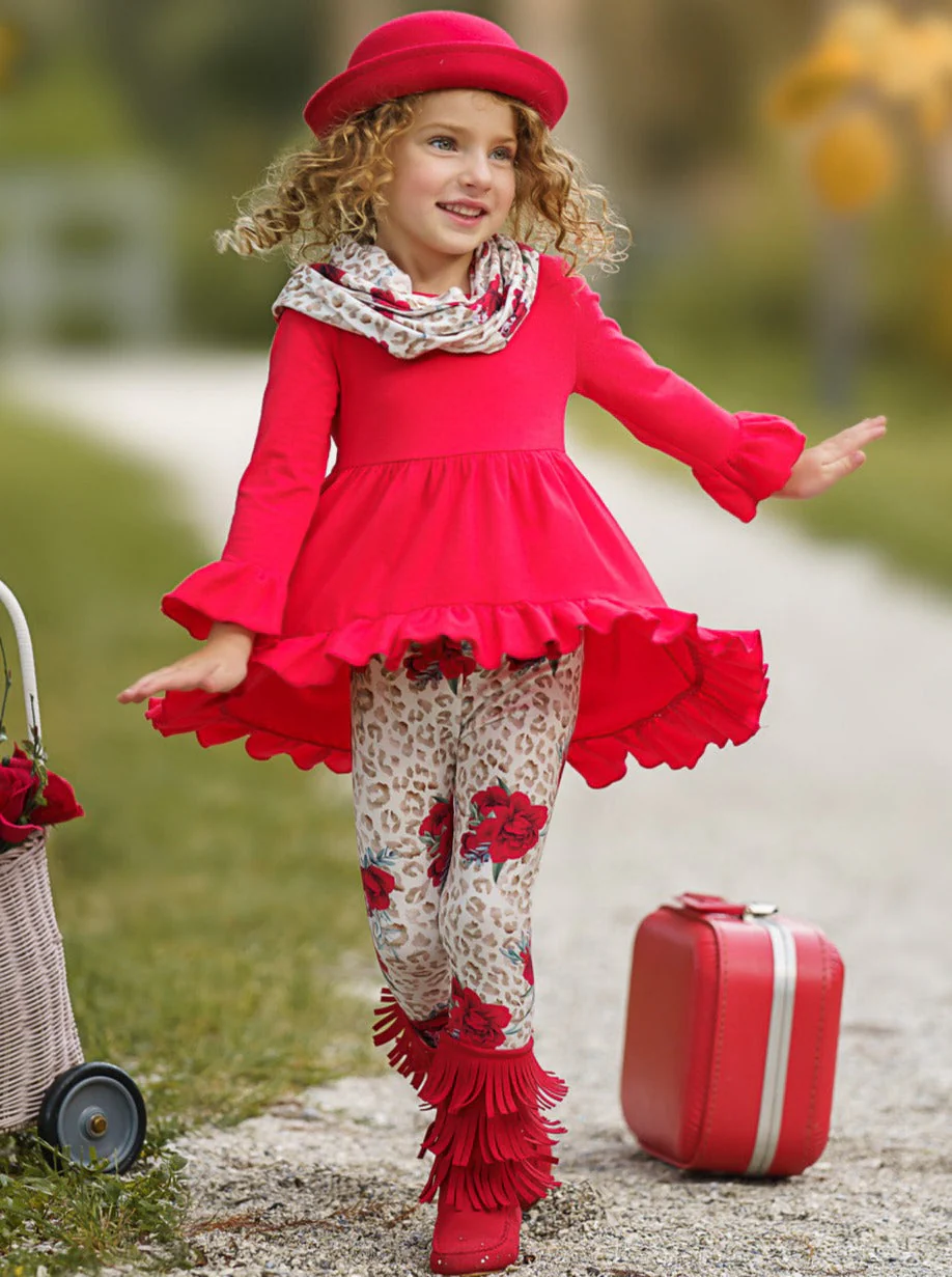 Cherry Floral Animal Print Tunic, Legging And Scarf Set - Image 3