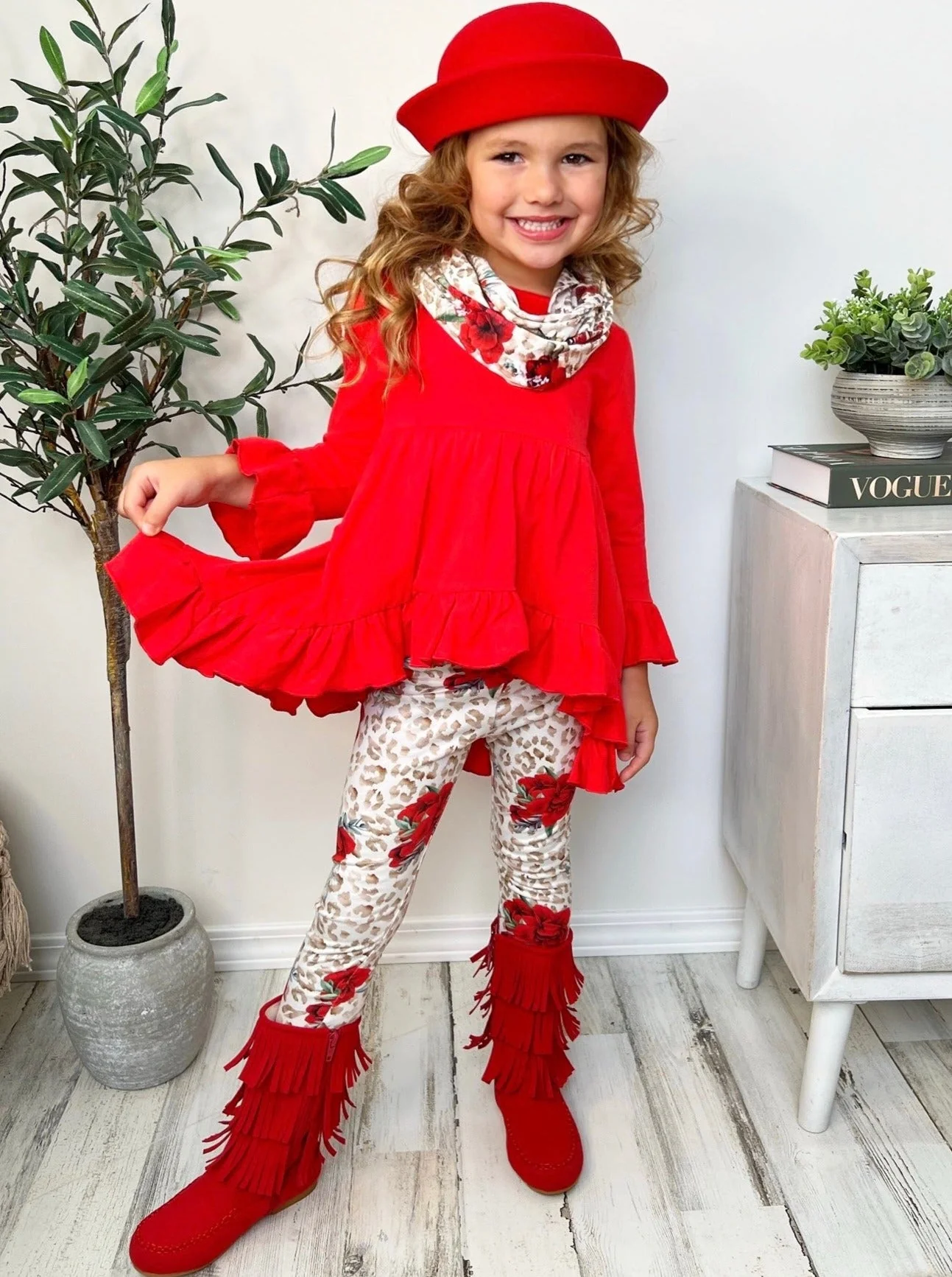 Cherry Floral Animal Print Tunic, Legging And Scarf Set - Image 4