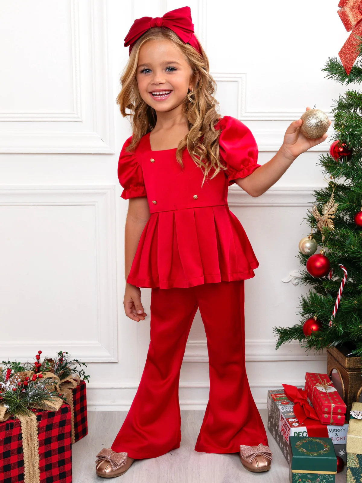 Holiday Chic Puff Sleeve Top and Ruffle Pant Set - Image 2