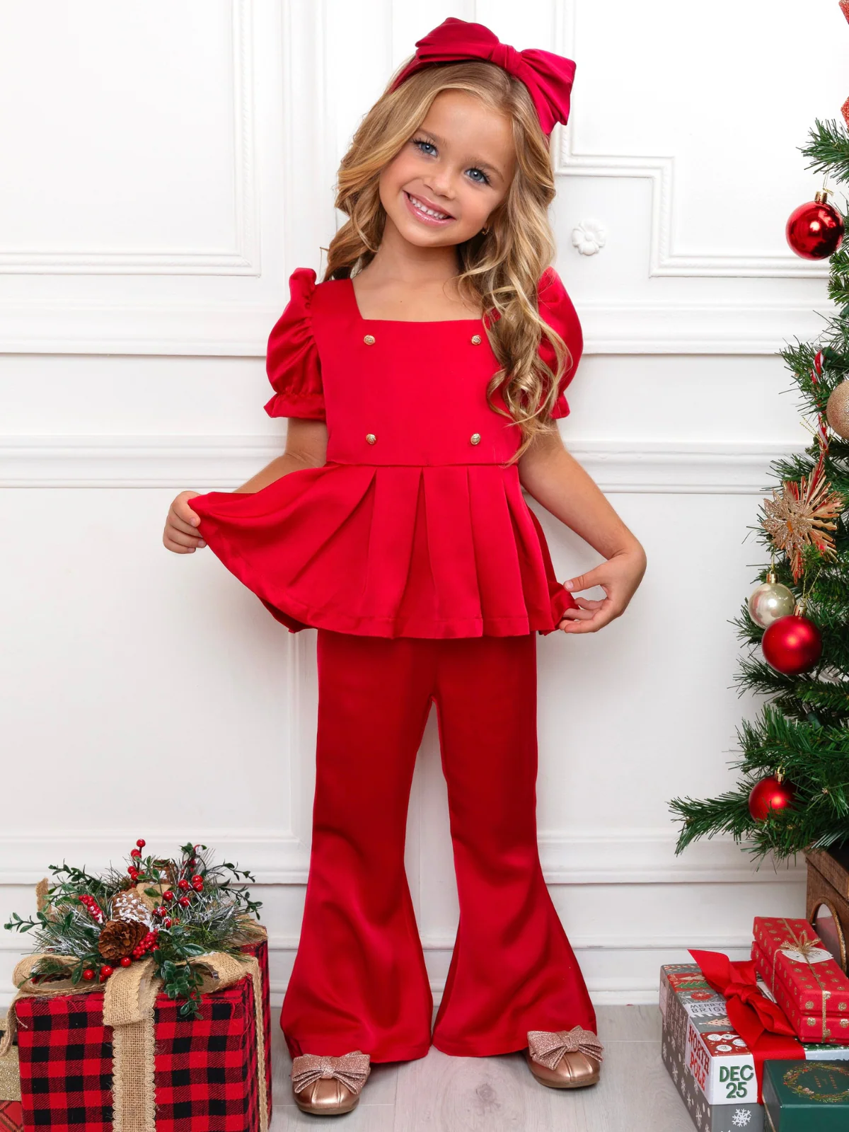 Holiday Chic Puff Sleeve Top and Ruffle Pant Set - Image 3