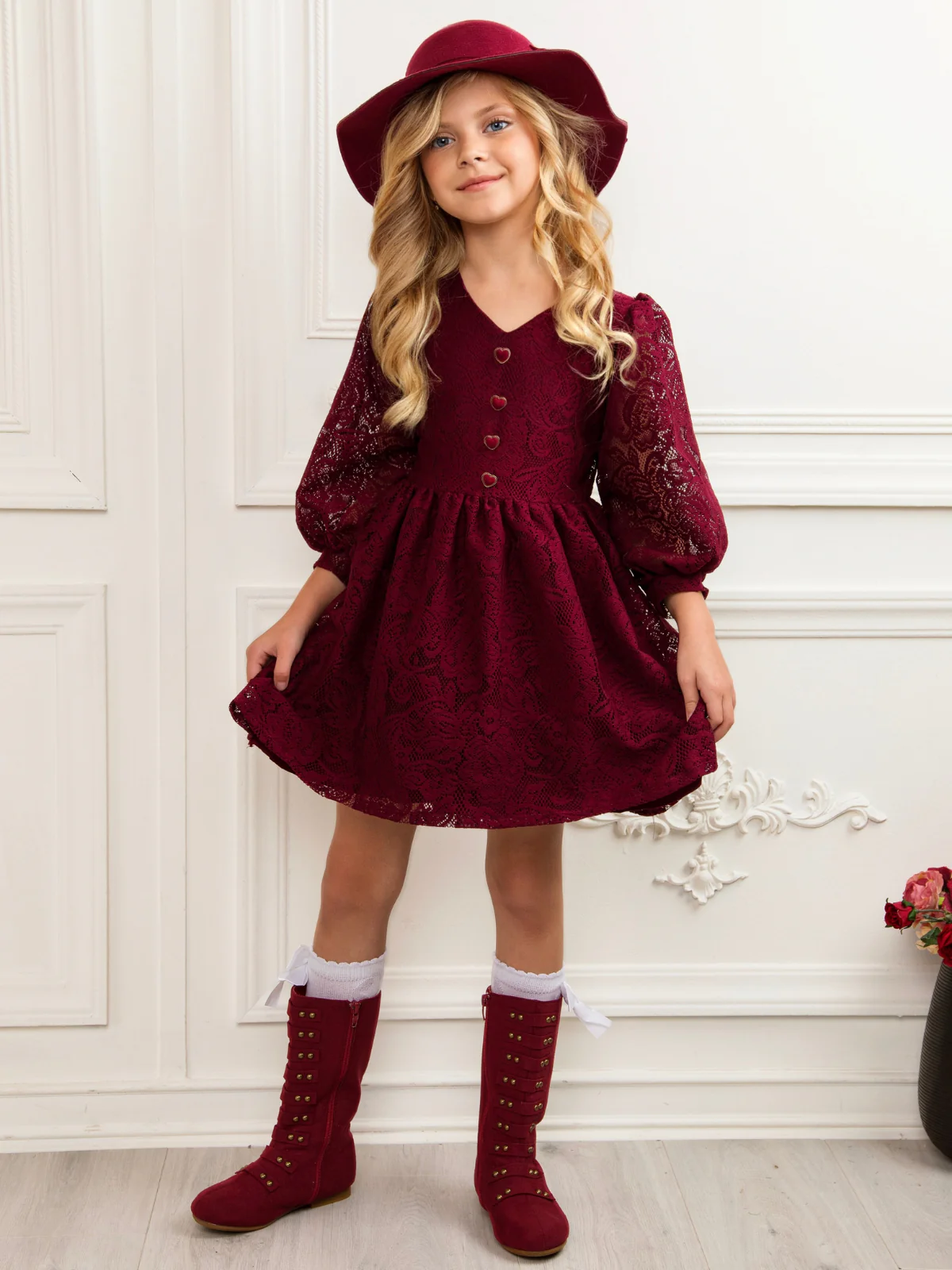 Cranberry Lace Puff Sleeve Dress - Image 3