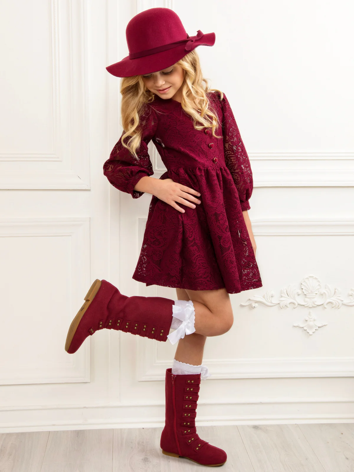 Cranberry Lace Puff Sleeve Dress - Image 4