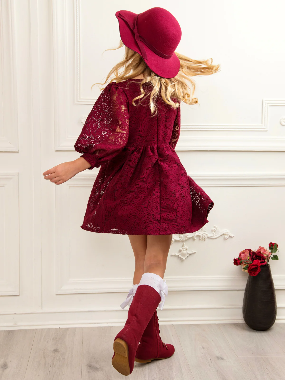 Cranberry Lace Puff Sleeve Dress - Image 5