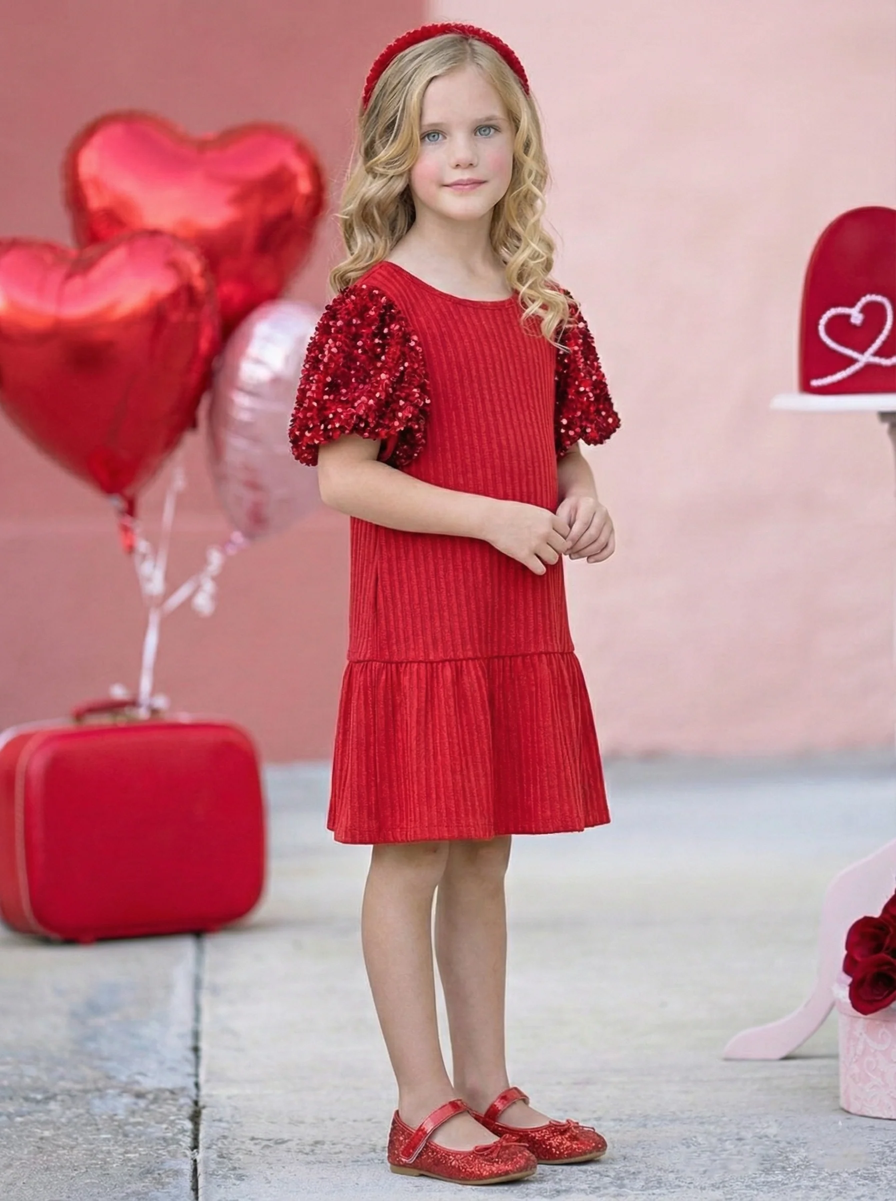 Valentine's Day Sequin Puff Sleeve Red Dress - Image 2